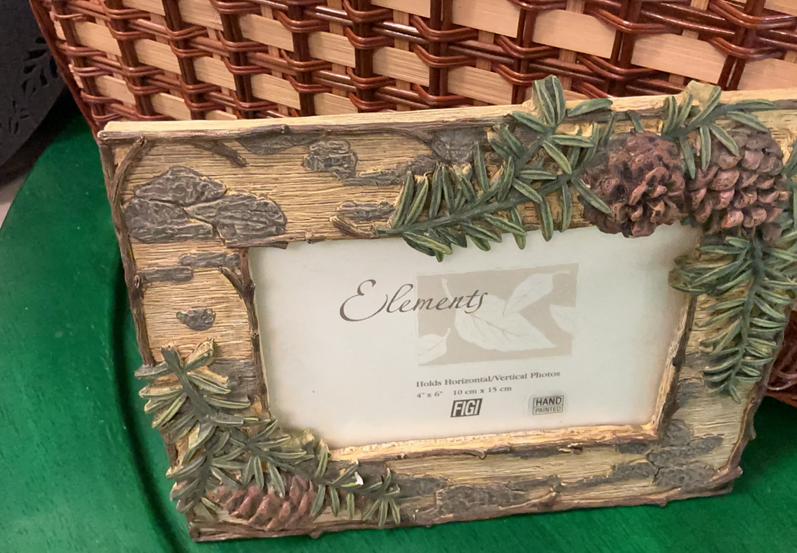 Green and natural home decor items: clock, platters, baskets, and framed Elements artwork - image 2 of 5