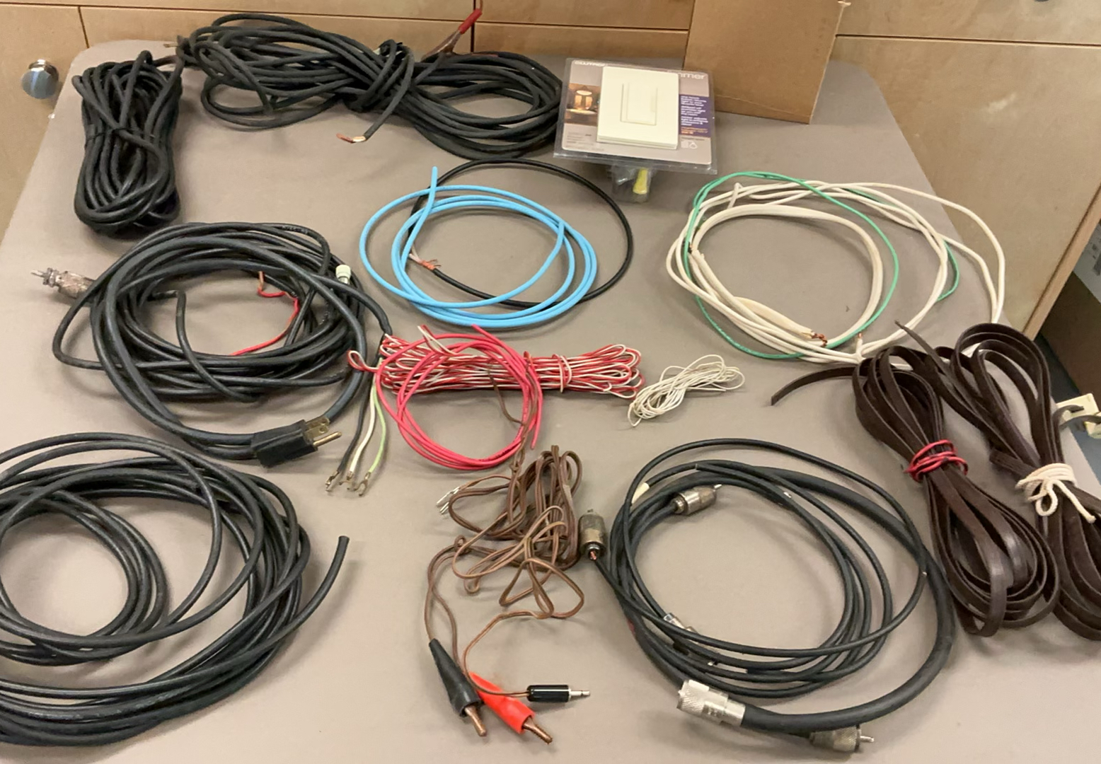 Assorted electrical cables, dimmer, and wall plates - image 1 of 4