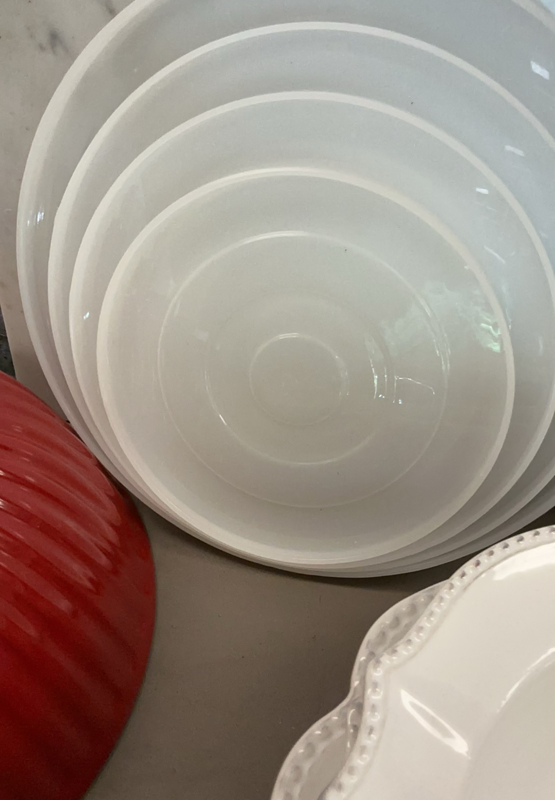 White scalloped-edge large bowls with colored ribbed mixing bowls - image 4 of 5