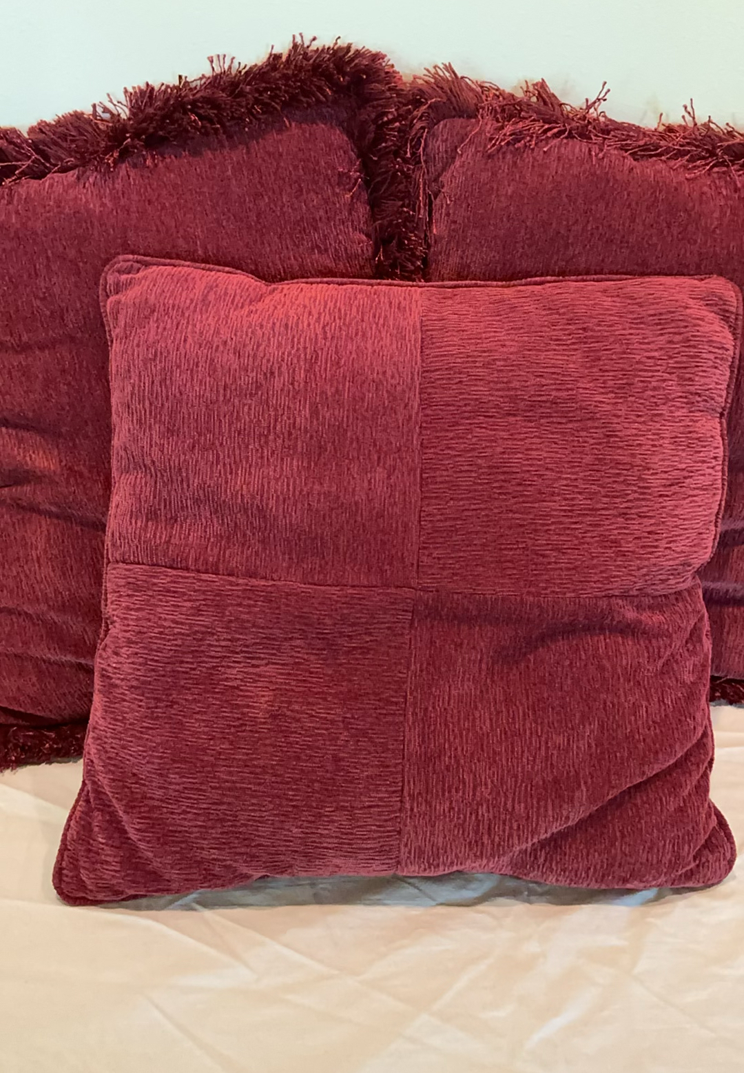 Burgundy velvet cushions with peacock tapestry pillows - image 6 of 7