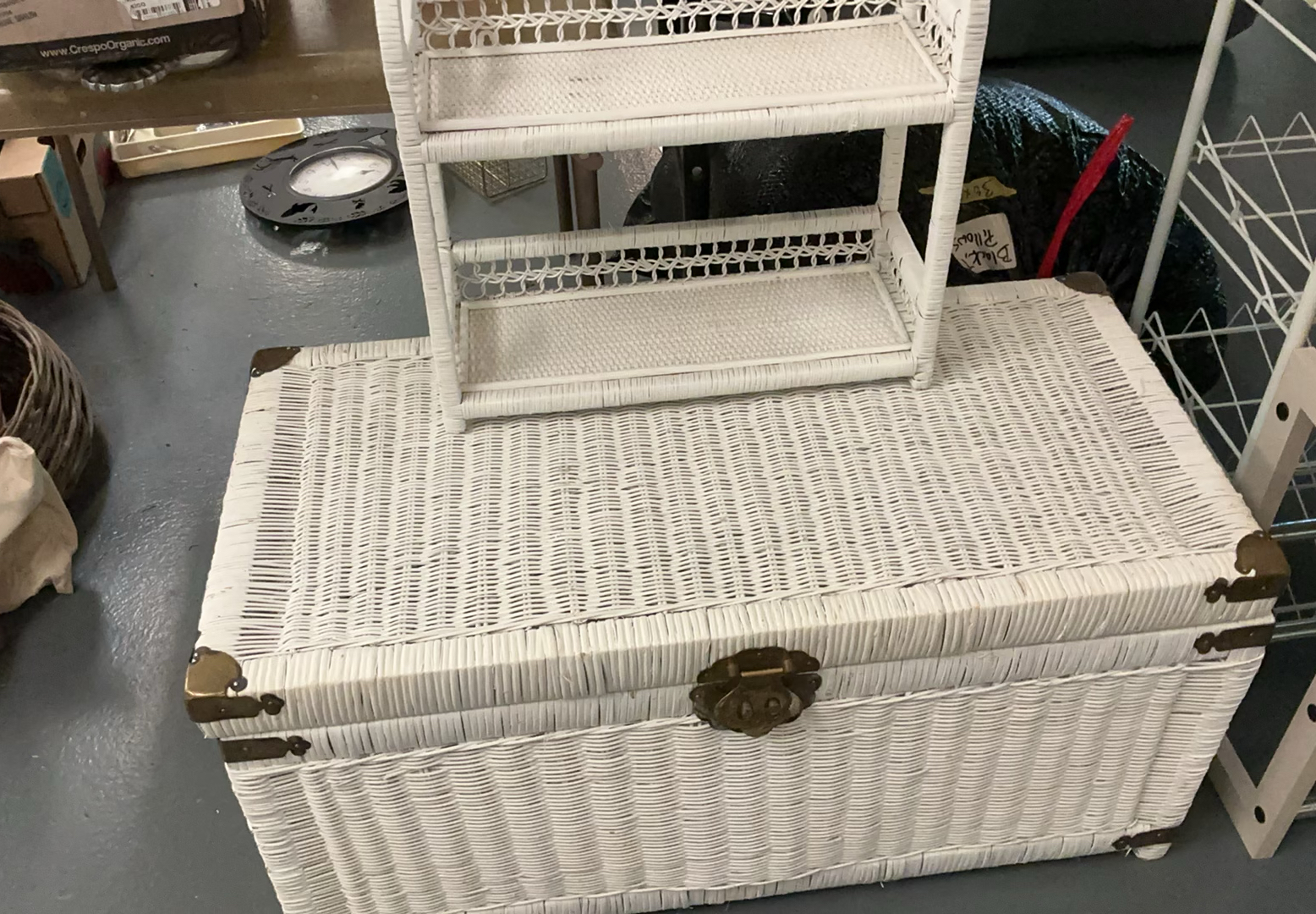 White Wicker Chest, Small Shelf, Fake Plant - image 1 of 5