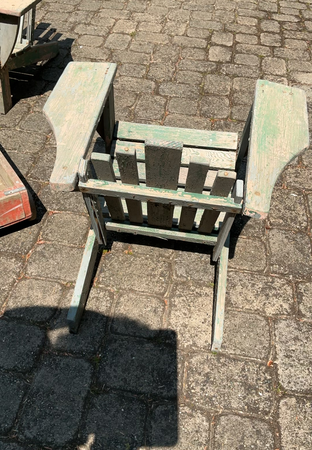 Two weathered green wooden chairs with Coca-Cola wagon and crate - image 3 of 6