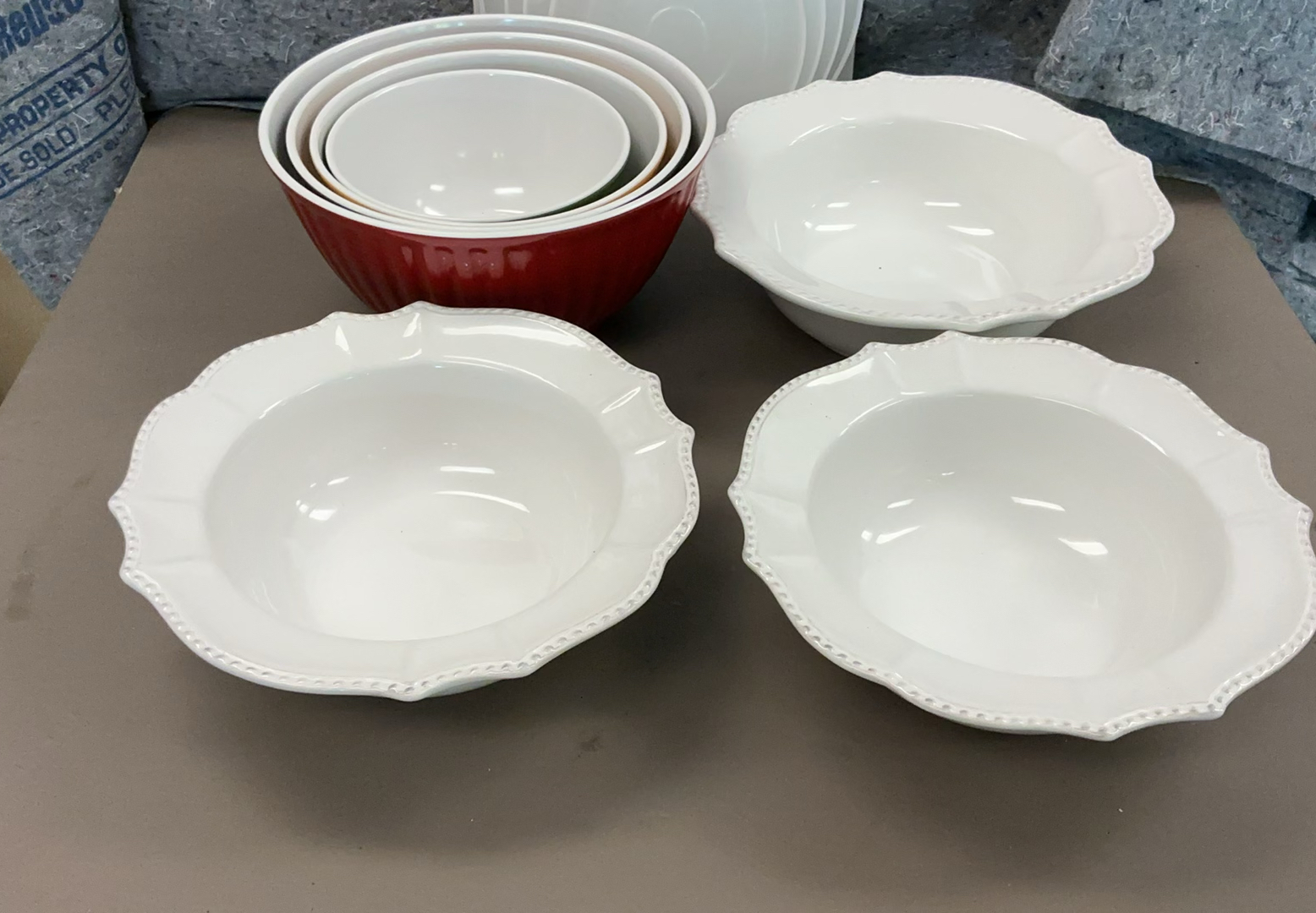 White scalloped-edge large bowls with colored ribbed mixing bowls - image 1 of 5