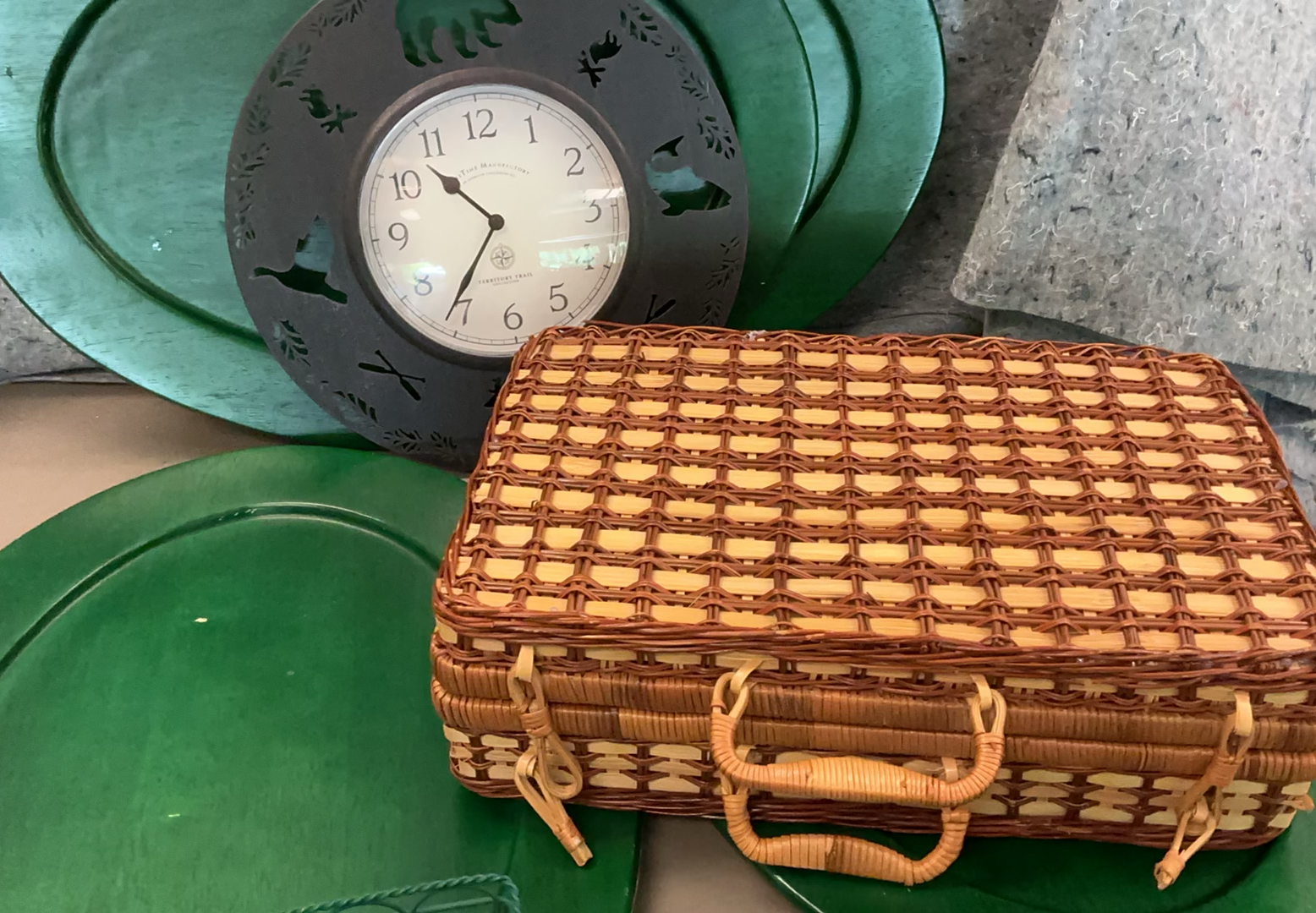 Green and natural home decor items: clock, platters, baskets, and framed Elements artwork - image 5 of 5