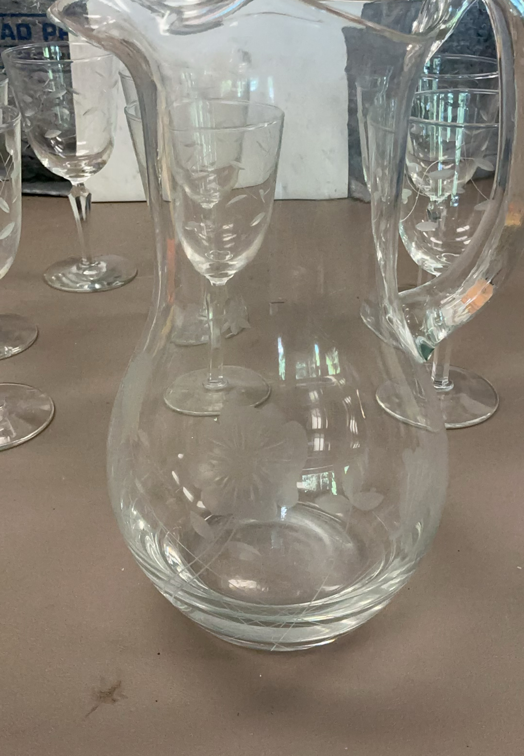 7 Etched Wine Glasses, Water pitcher - image 2 of 3