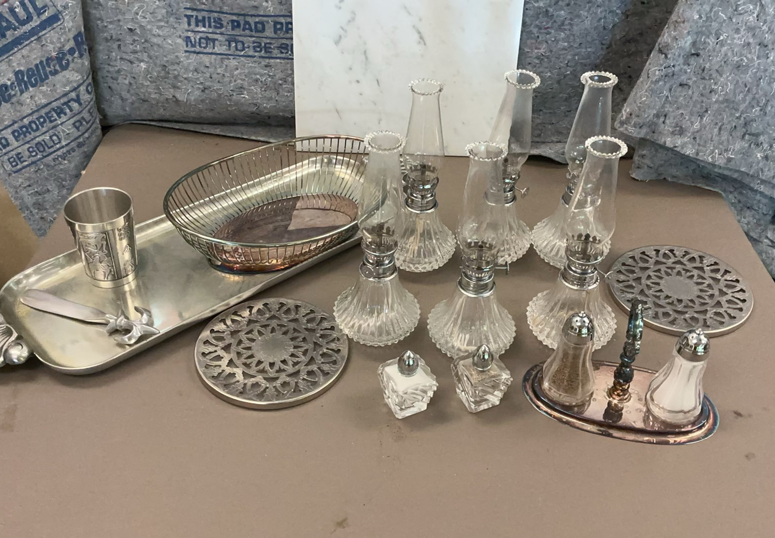 vintage small glass oil lamps, silver plate, etc. - image 1 of 4