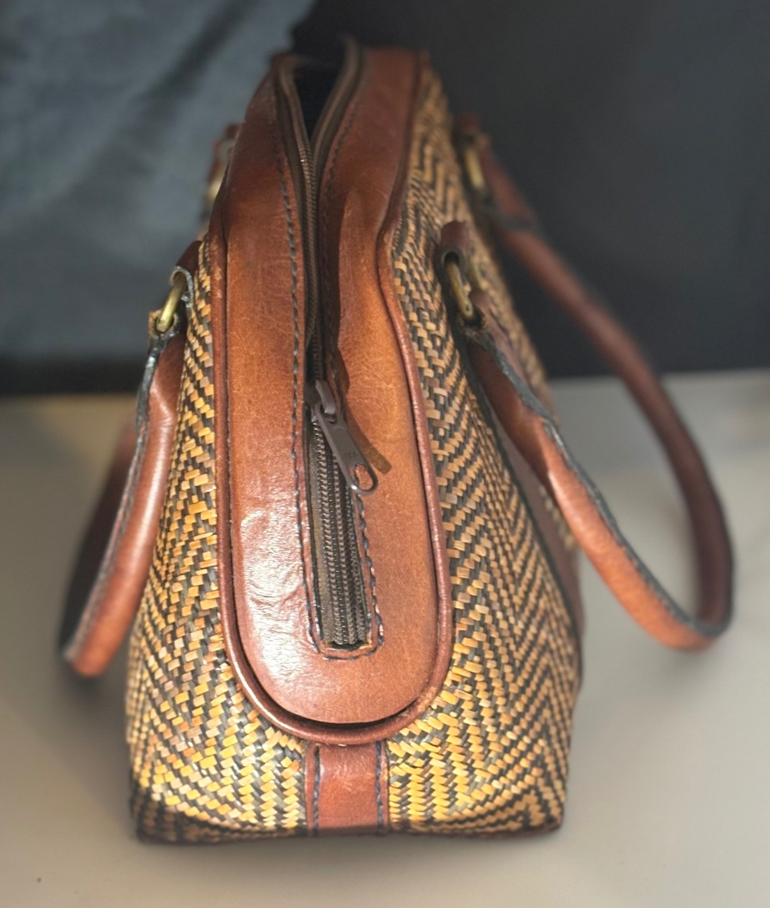 Vintage Leather and Woven Wicker Satchel Handbag - image 3 of 6