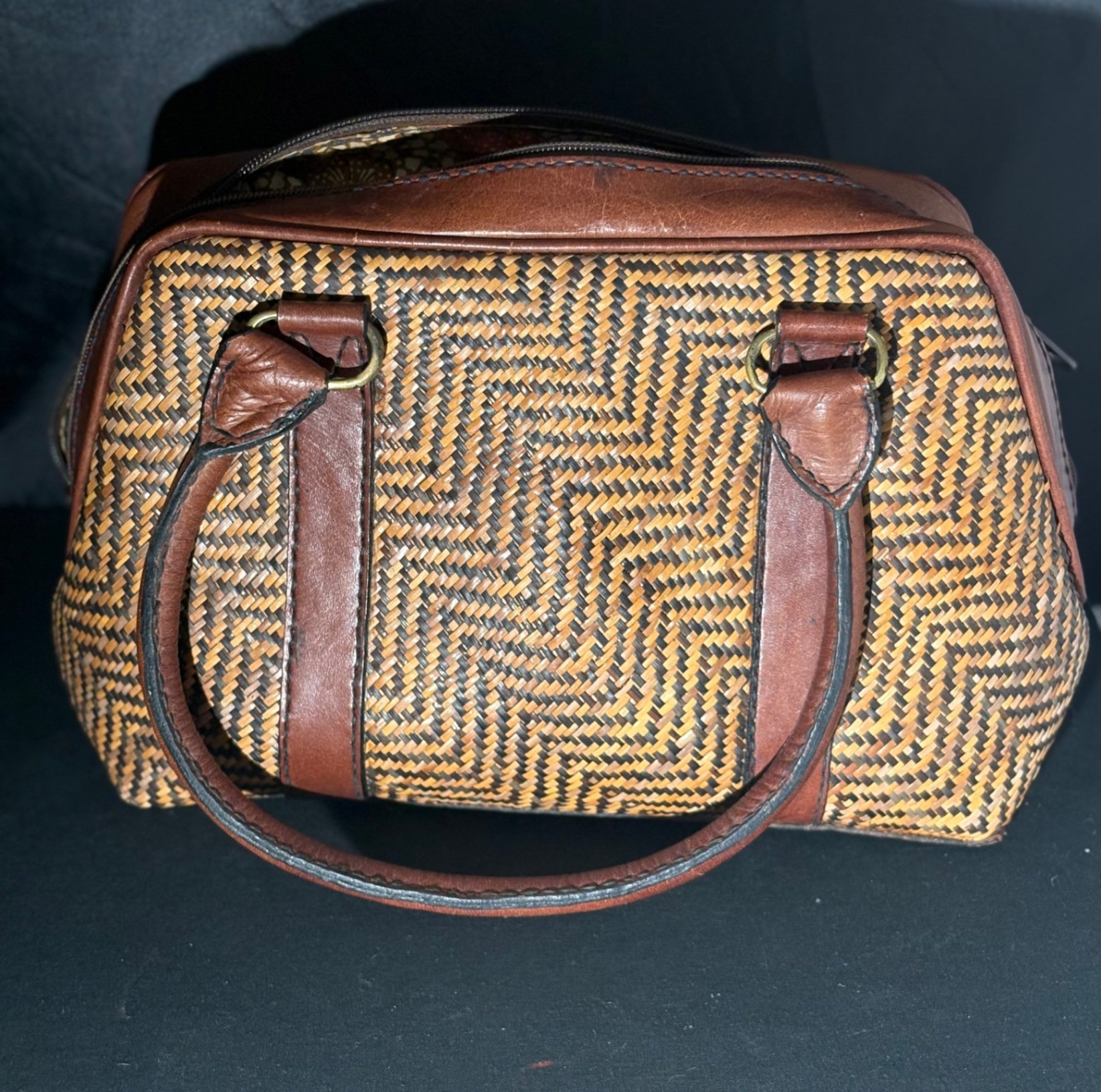 Vintage Leather and Woven Wicker Satchel Handbag - image 2 of 6