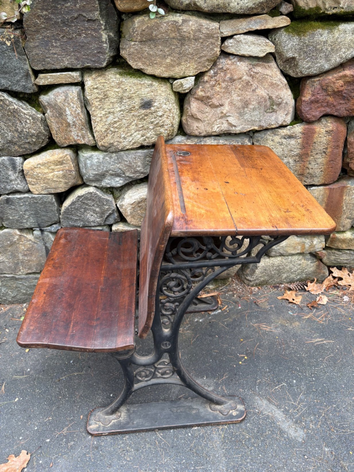 Antique Cast Iron & Wooden Student Desk with Bench - image 1 of 7
