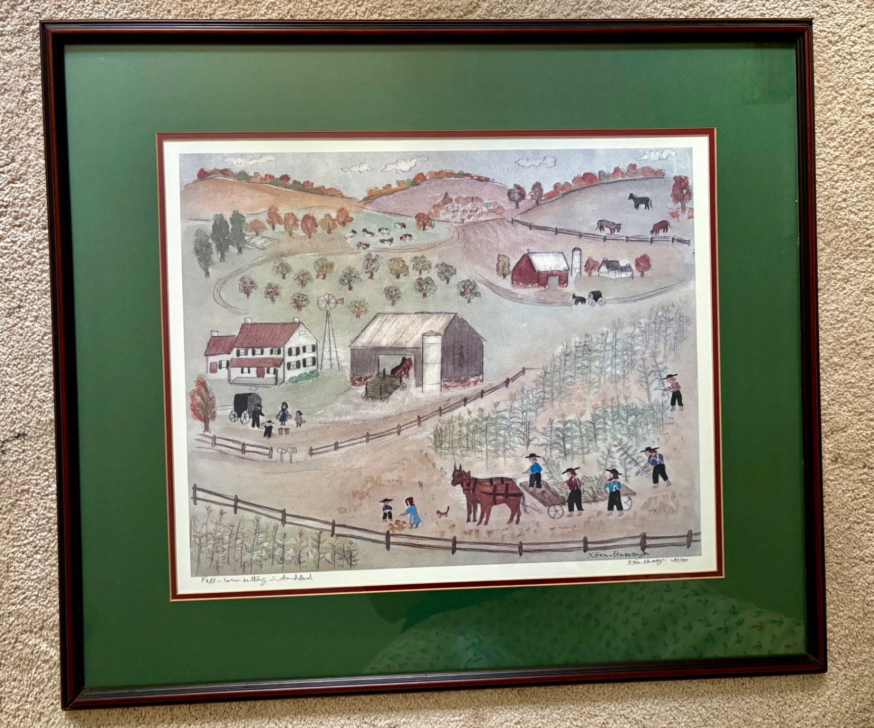 Folk Art Print: Xtian Newswanger titled "Fall - Corn Cutting in Amishland", Xtian Newswanger - image 1 of 7