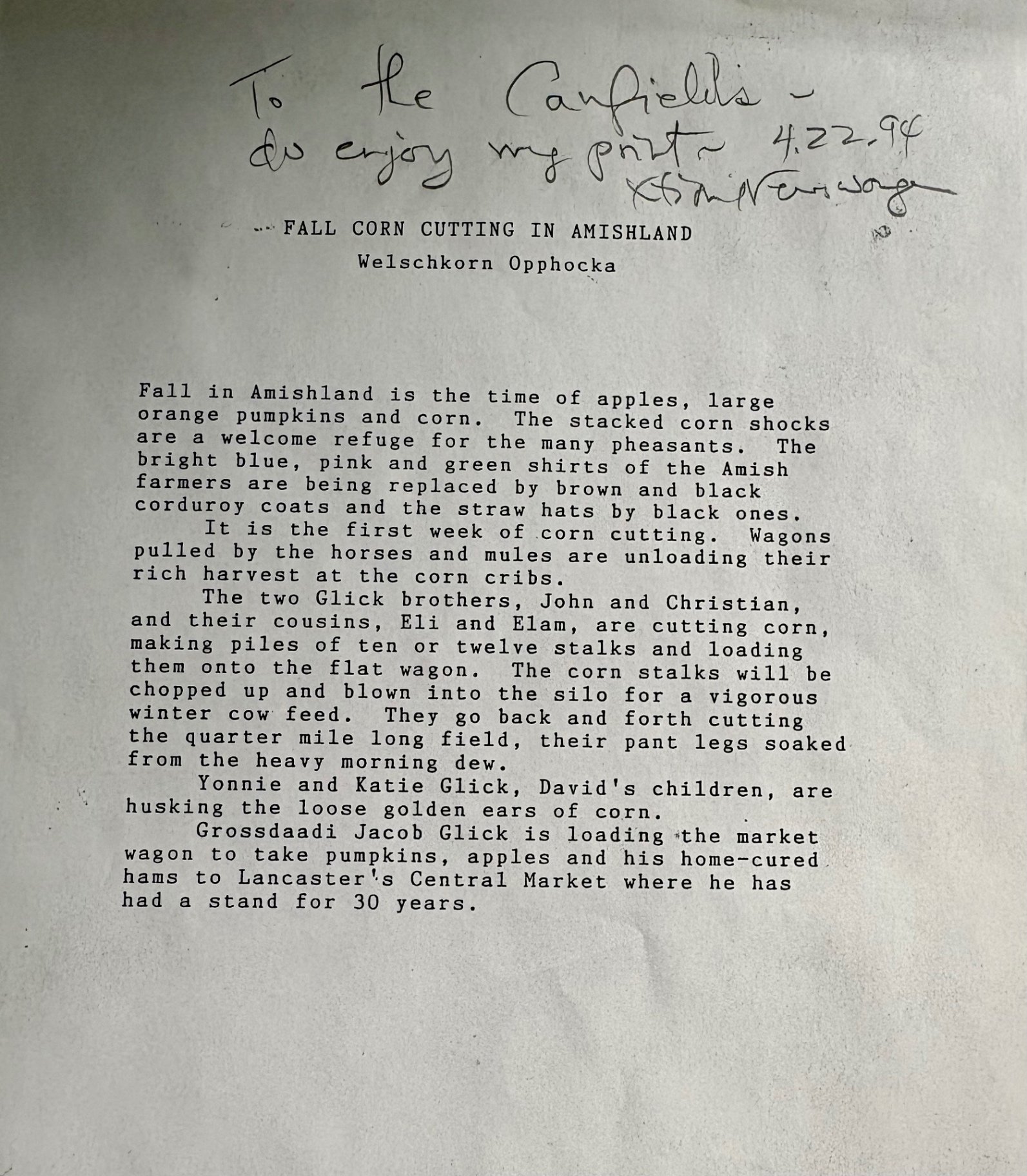 Folk Art Print: Xtian Newswanger titled "Fall - Corn Cutting in Amishland", Xtian Newswanger - image 3 of 7