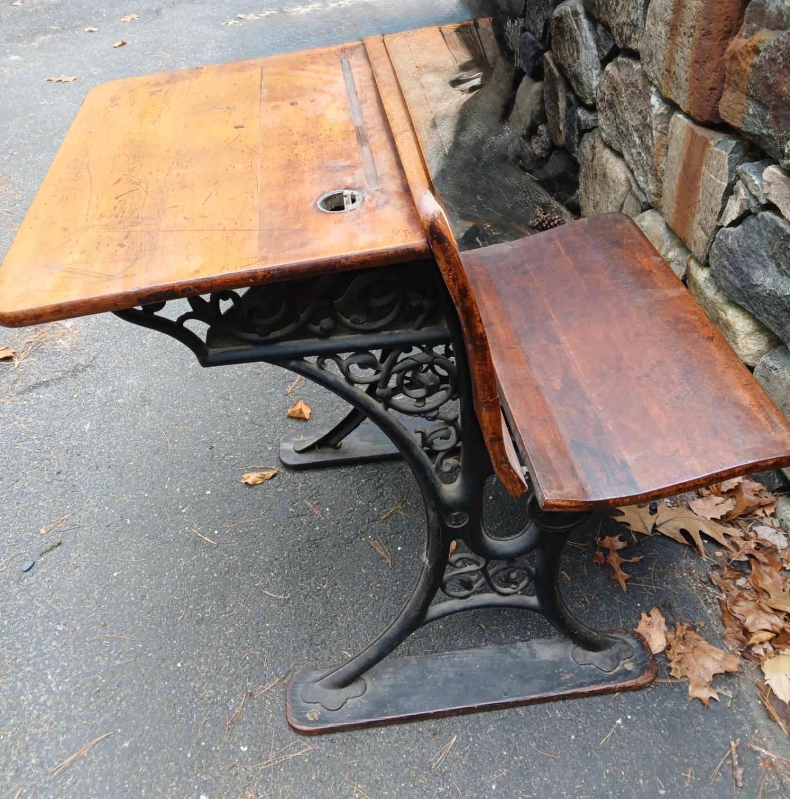 Antique Cast Iron & Wooden Student Desk with Bench - image 2 of 7