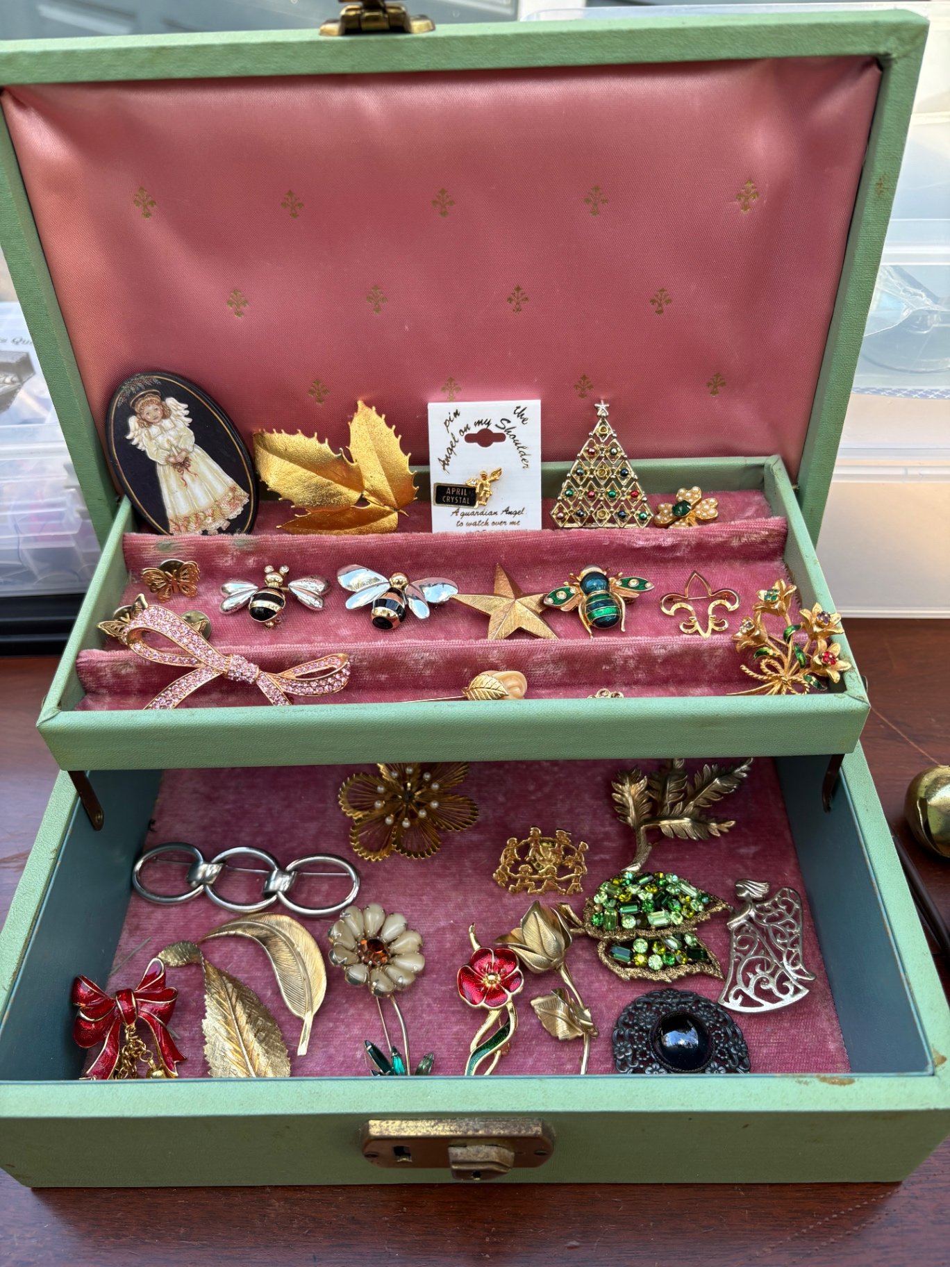 Vintage and Holiday Brooches, Pins, Stickpins in Locking Jewelry Box - image 1 of 3