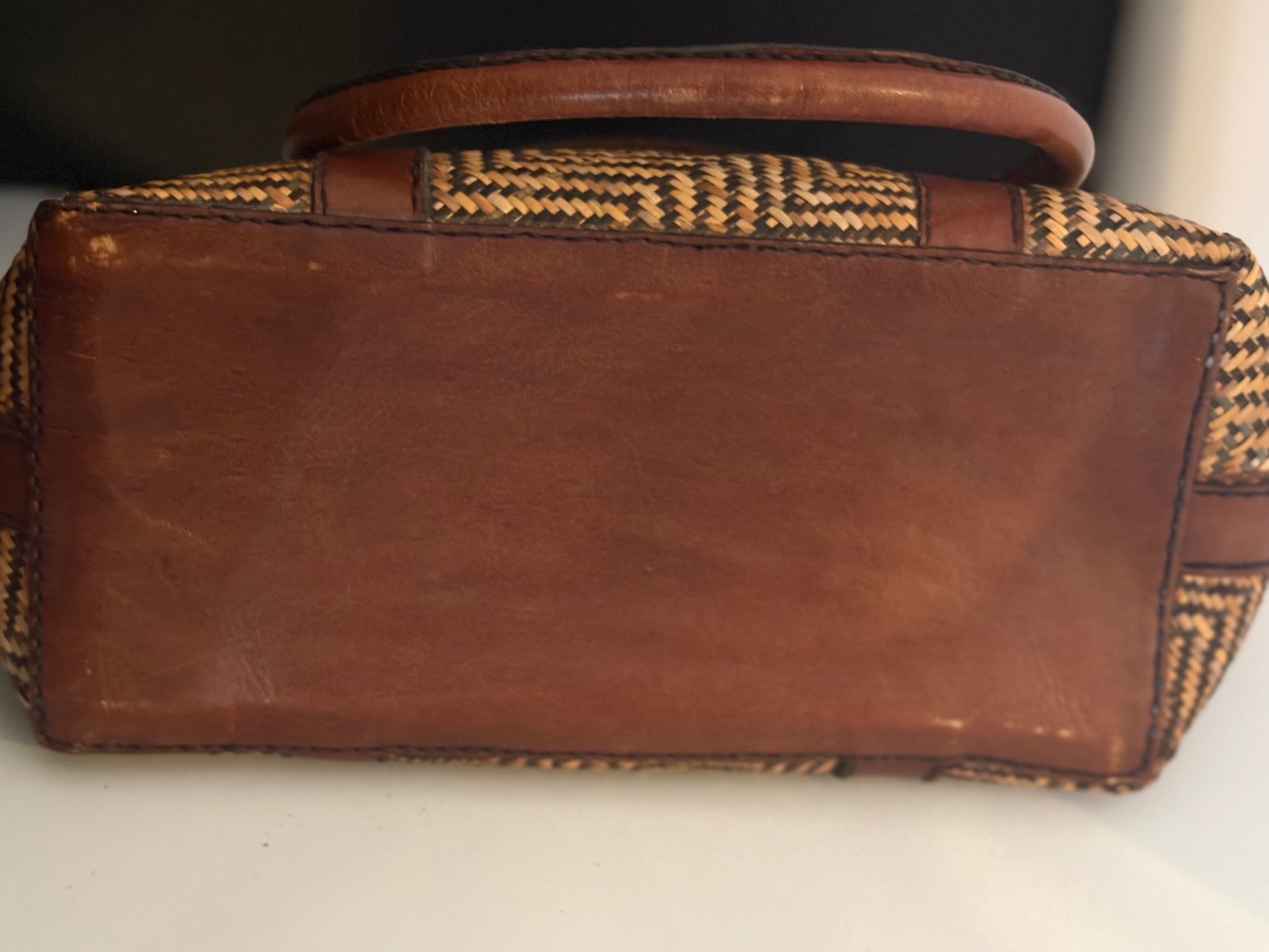 Vintage Leather and Woven Wicker Satchel Handbag - image 6 of 6