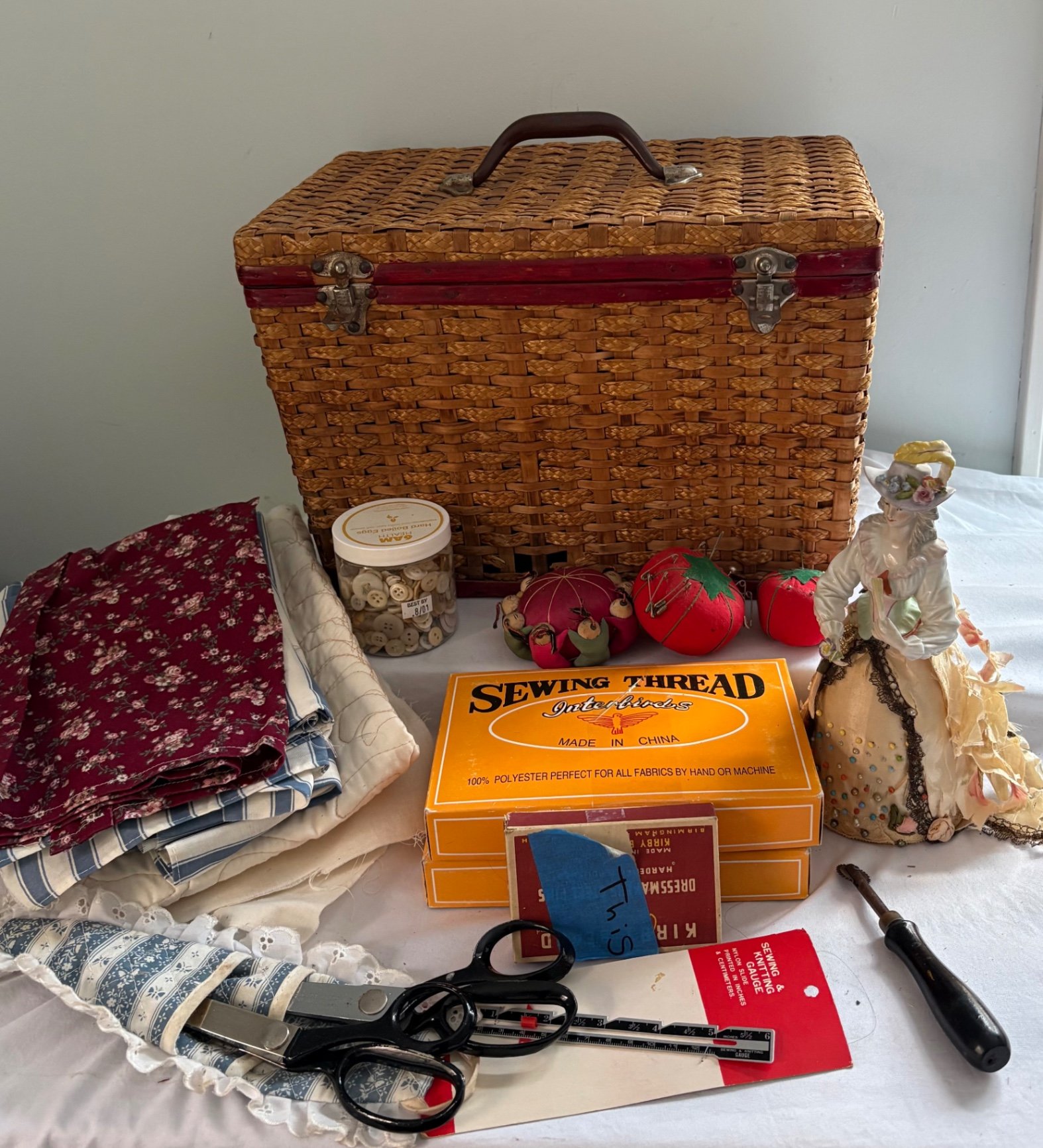 Mid Century Wicker Sewing Box with Sewing Accessories and Tools  - image 1 of 12