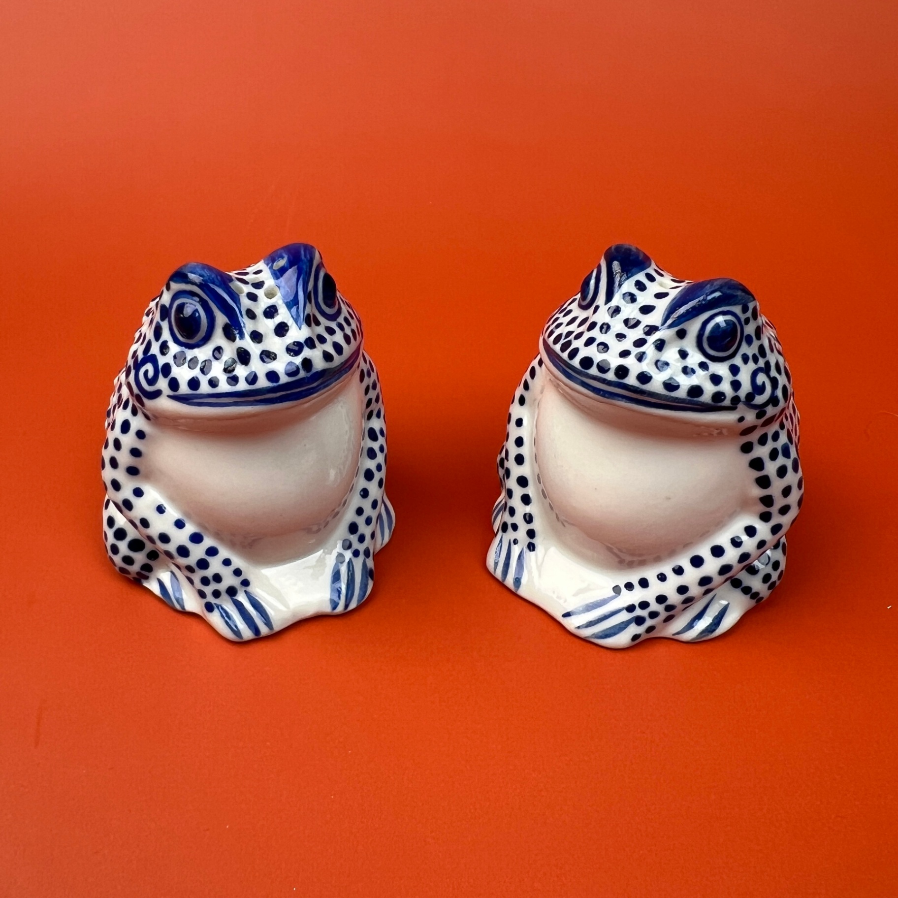 Blue and White Ceramic Frog Salt and Pepper Set Shafford - image 1 of 6