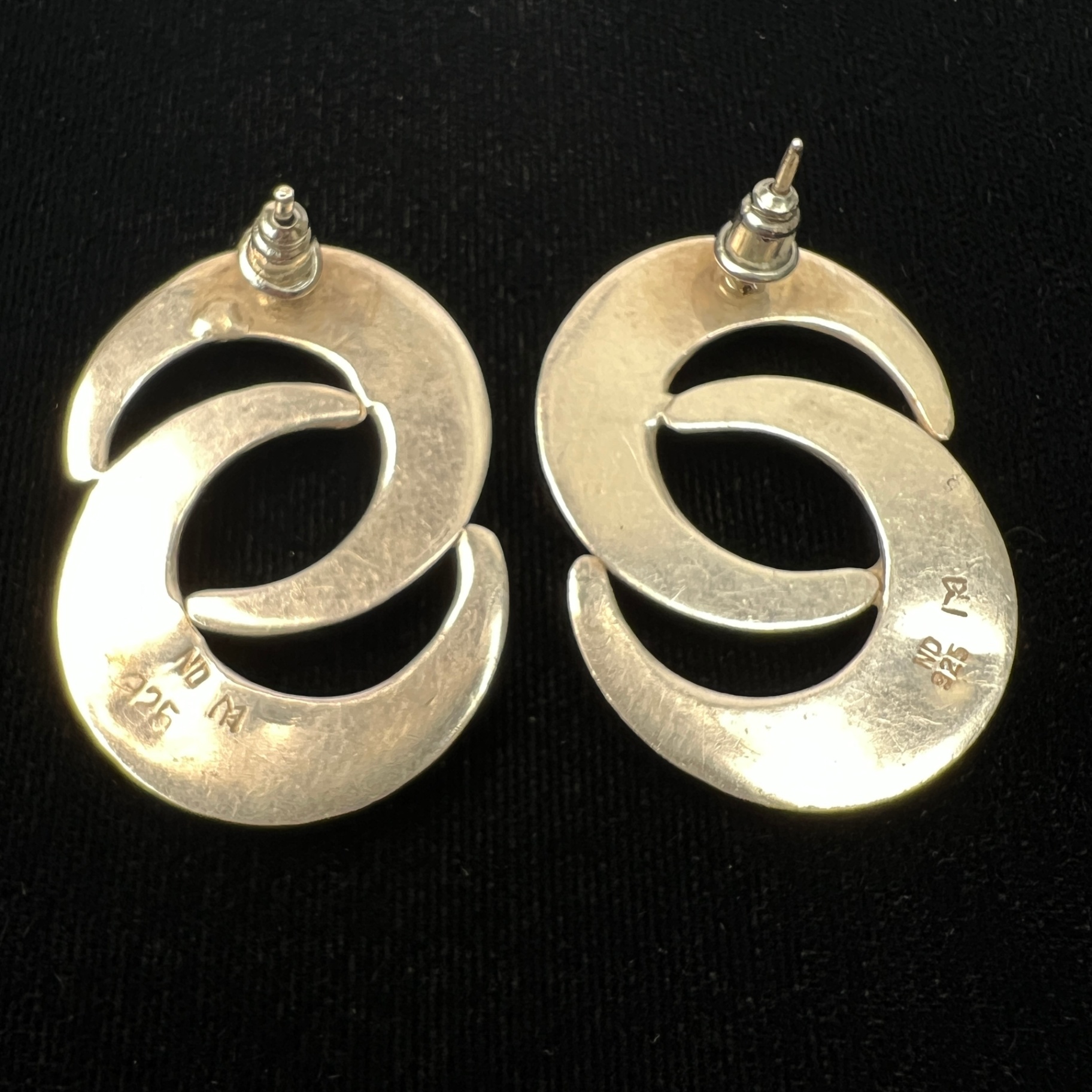 Vintage Signed Sterling Silver Earrings ND 925 Modernist Celestial Moons - image 2 of 5