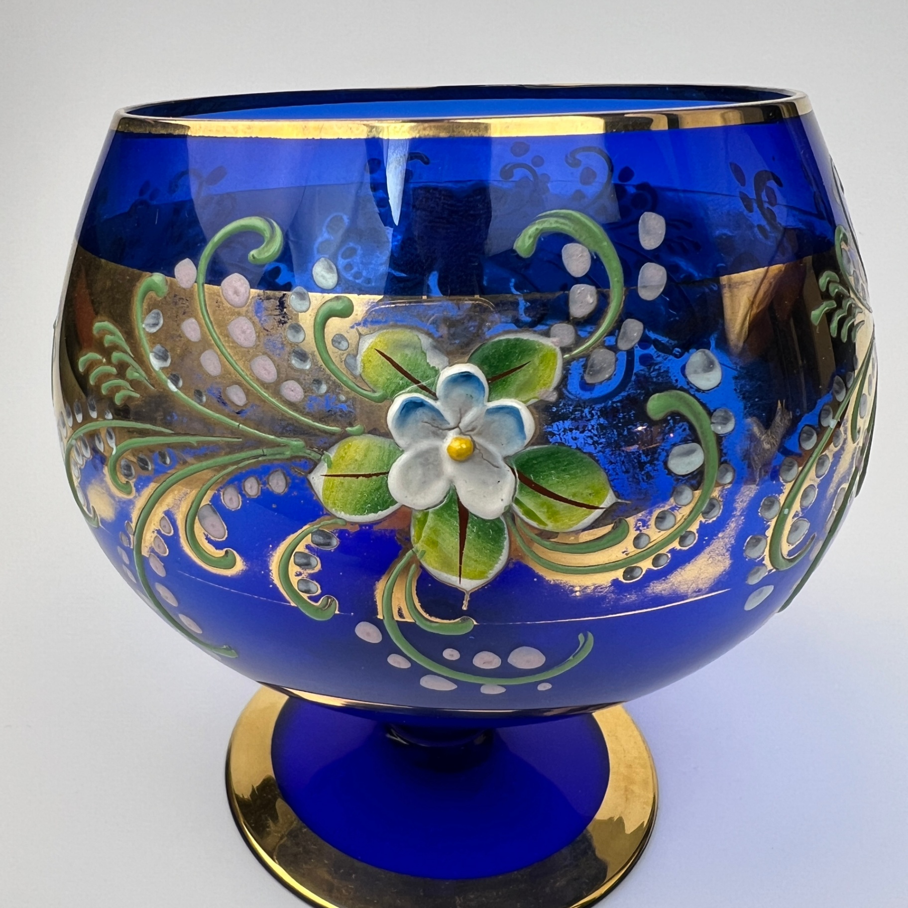Bohemian Glass Cobalt Blue Hand Painted Czech Footed Bowl Gilt Trim - image 3 of 7