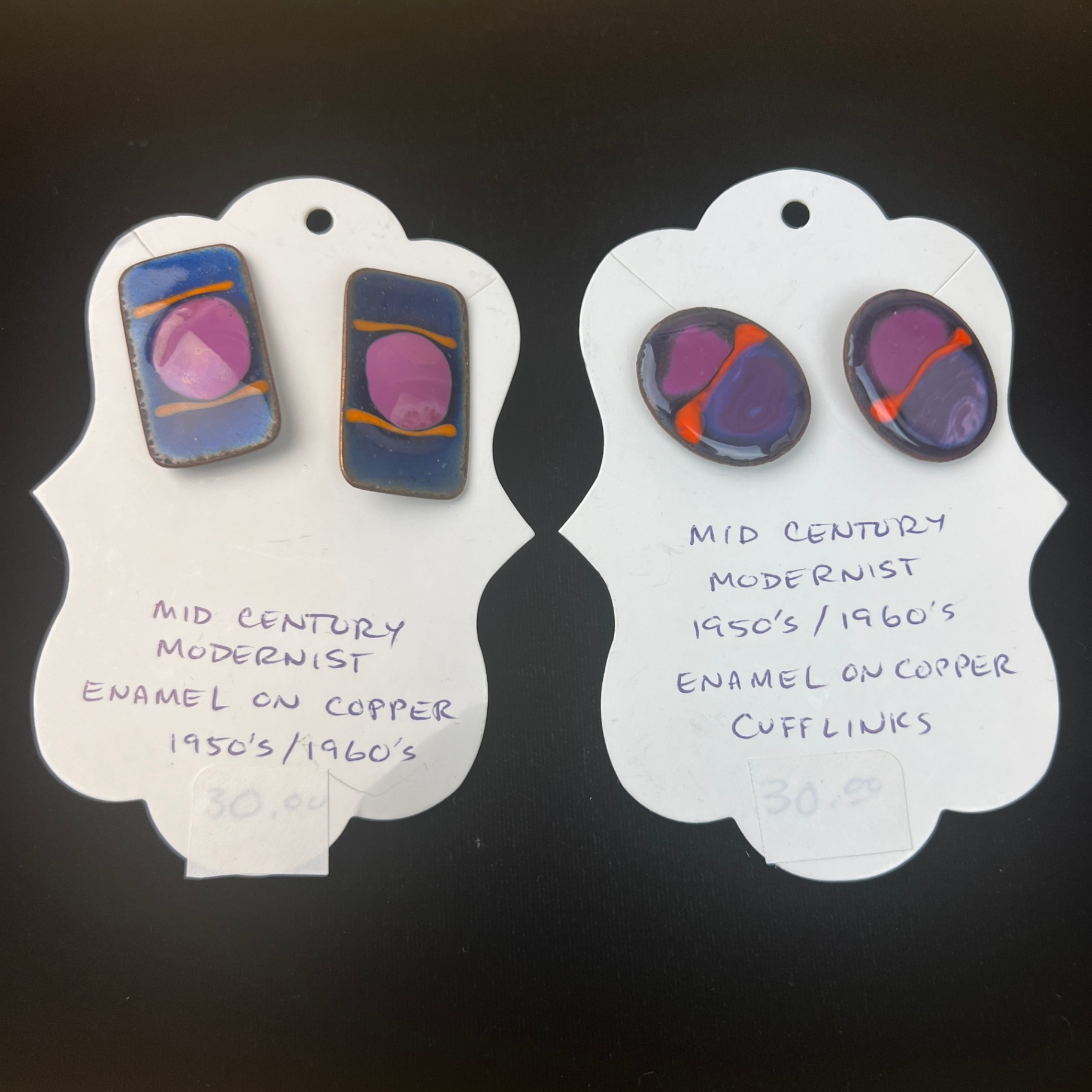 2 Pairs of MCM Enamel on Copper Cufflinks Purple Orange Tones - image 1 of 5