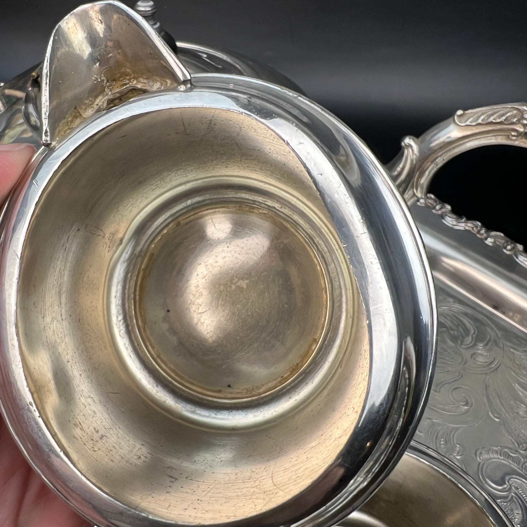 Silver Plate Mixed Tea Set Various Makers Tray Teapot Cream Sugar - image 6 of 7
