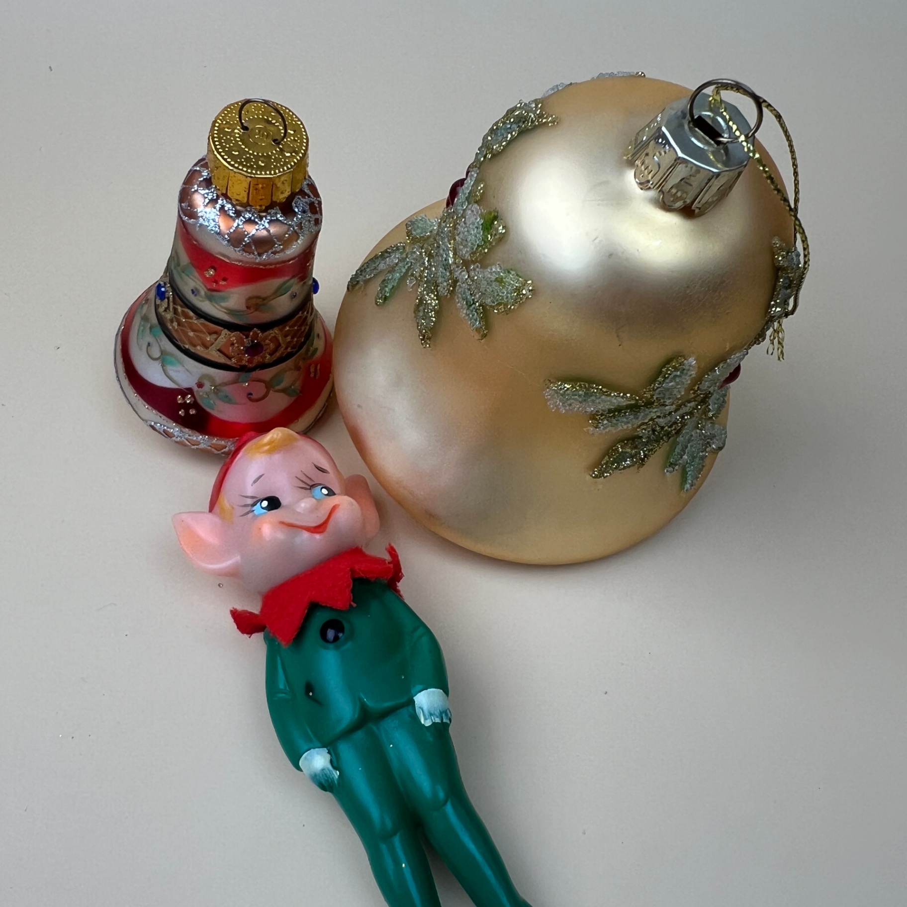 Vintage Christmas Lot Glass Bells and Rubber Pixie Elf Japan - image 7 of 8