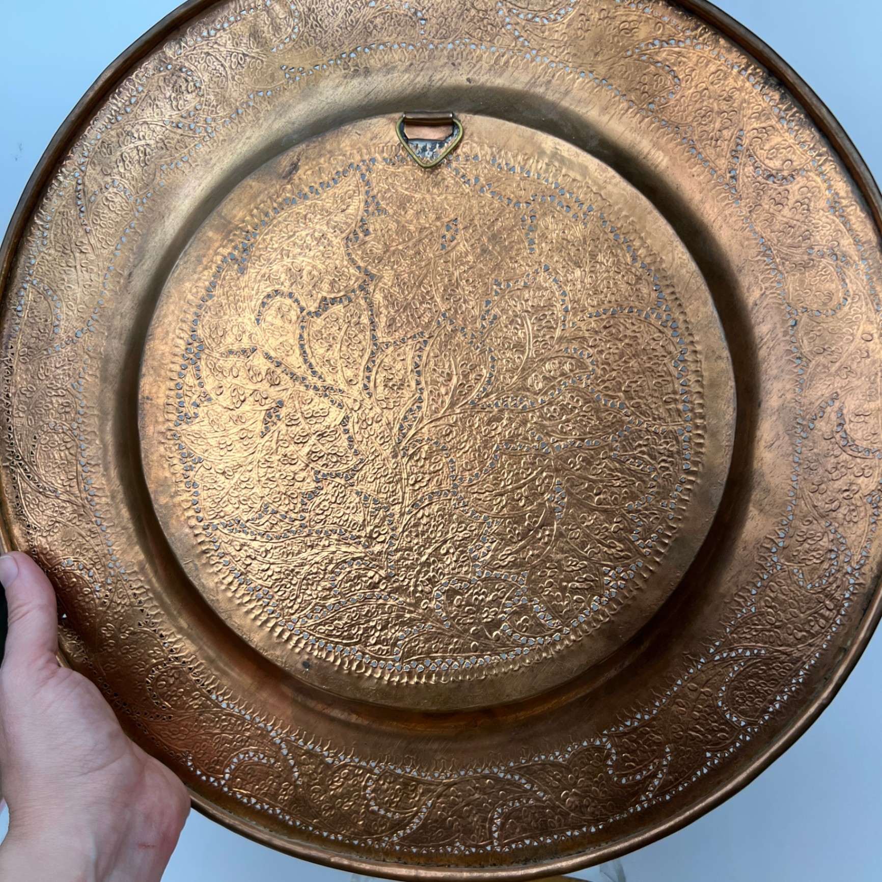 2 Large Pierced Indo Islamic Copper Plated Chargers or Wall Hangings - image 6 of 7