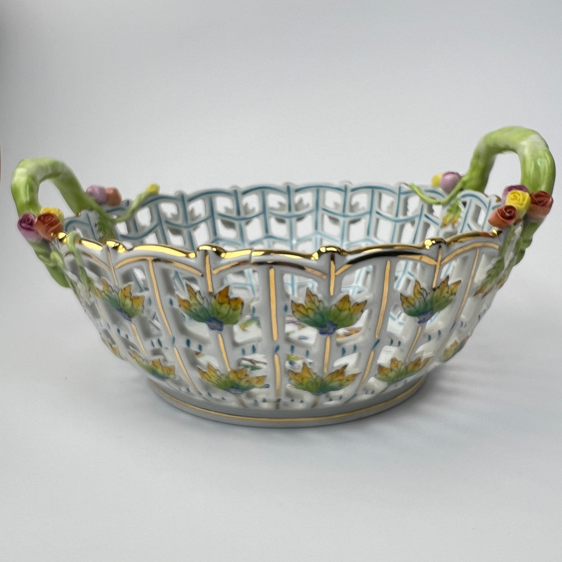 Herend Hungary Bowl Floral Basket Roses Butterflies AS IS - image 3 of 9