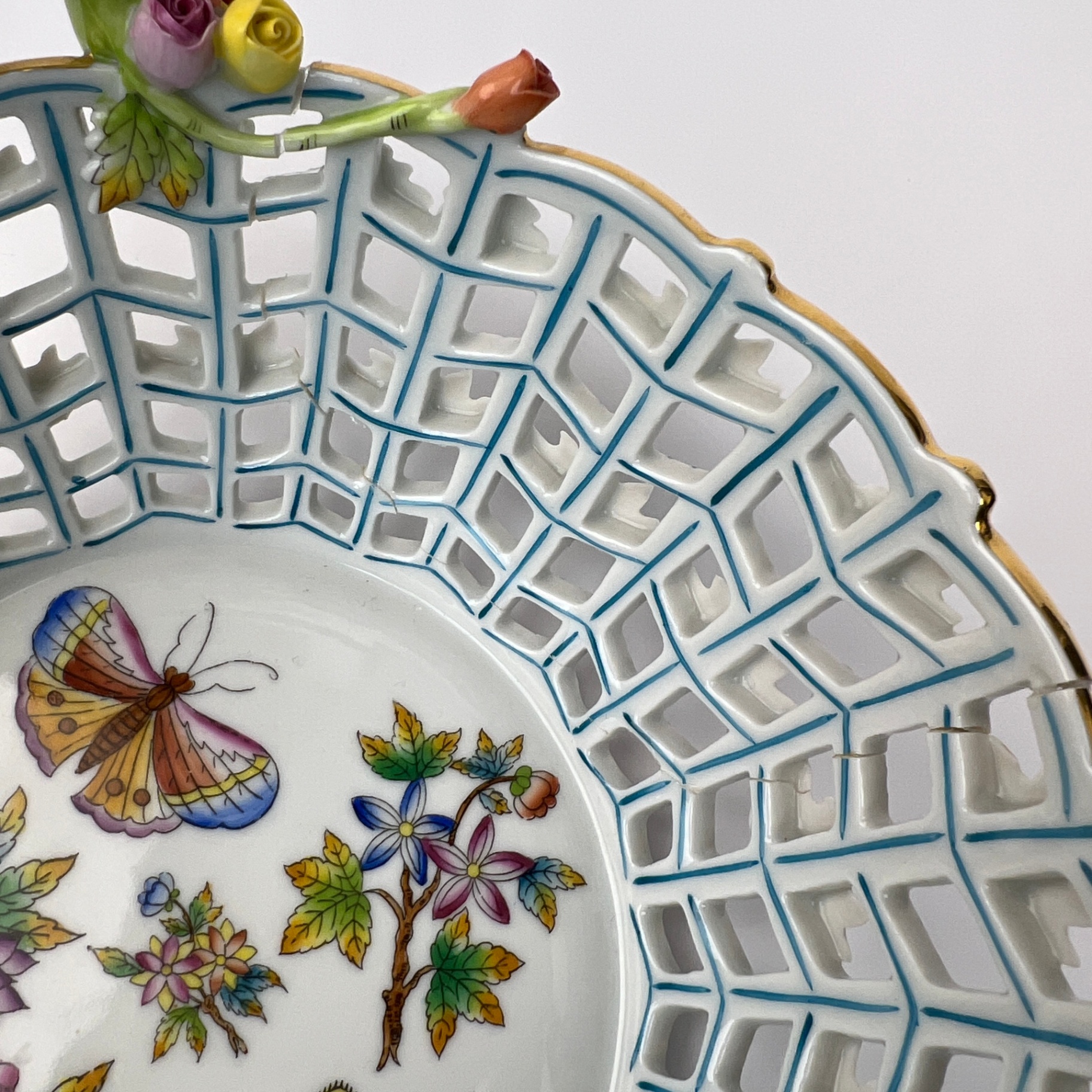 Herend Hungary Bowl Floral Basket Roses Butterflies AS IS - image 5 of 9