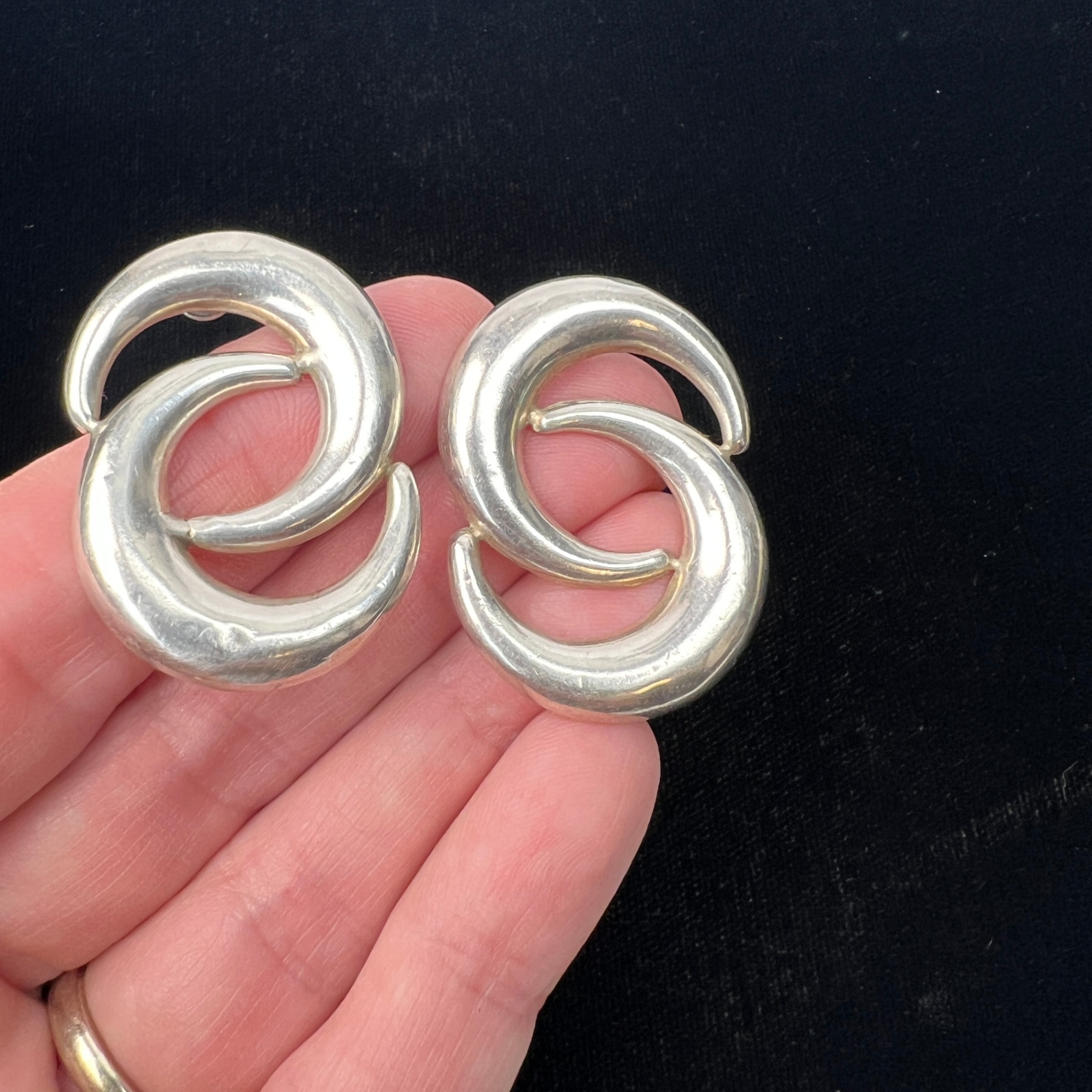 Vintage Signed Sterling Silver Earrings ND 925 Modernist Celestial Moons - image 4 of 5