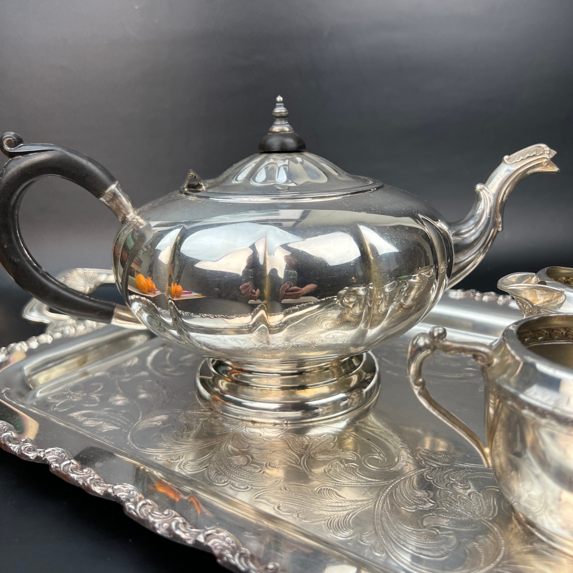 Silver Plate Mixed Tea Set Various Makers Tray Teapot Cream Sugar - image 3 of 7