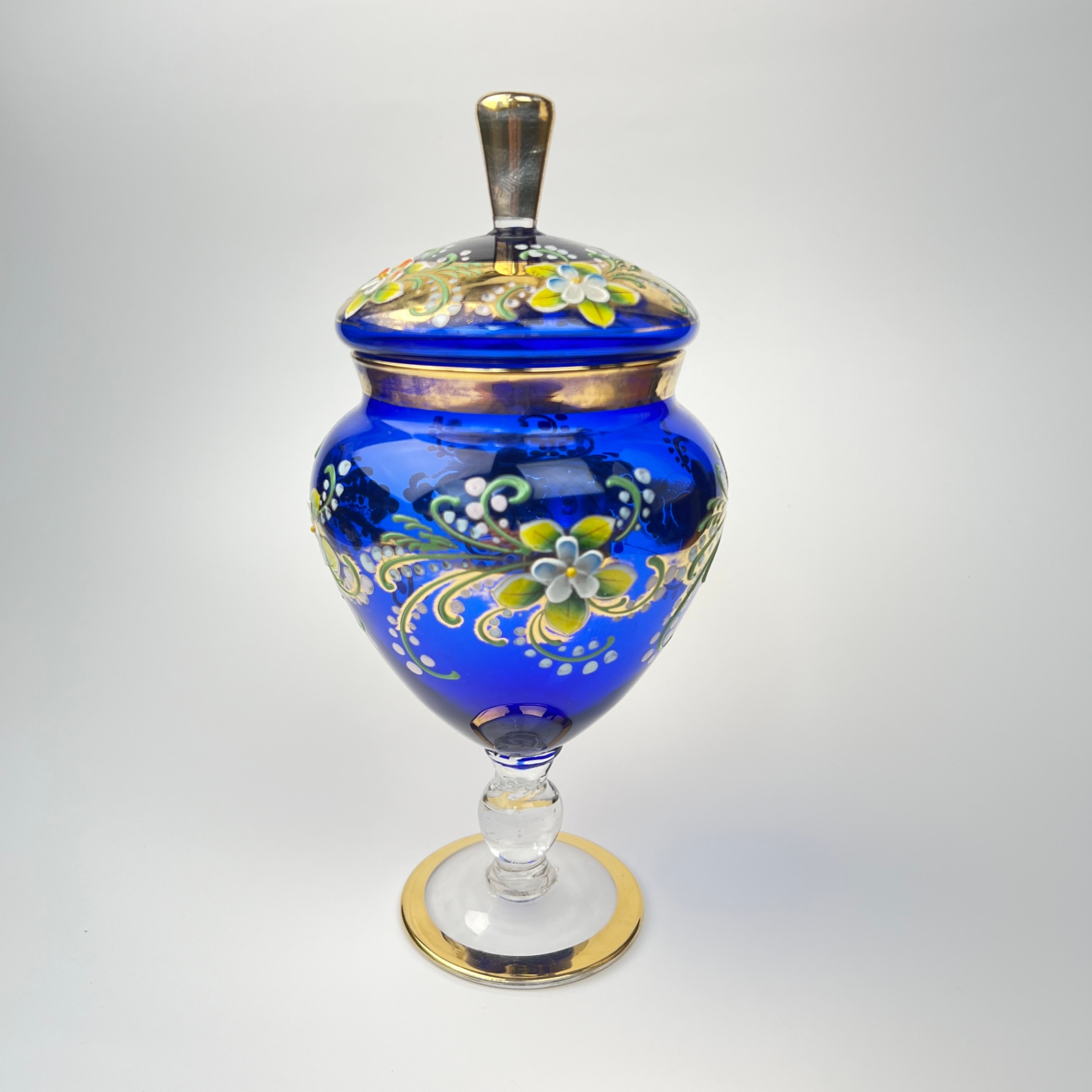 Bohemian Glass Hand Painted Covered Pedestal Jar Vintage - image 1 of 9
