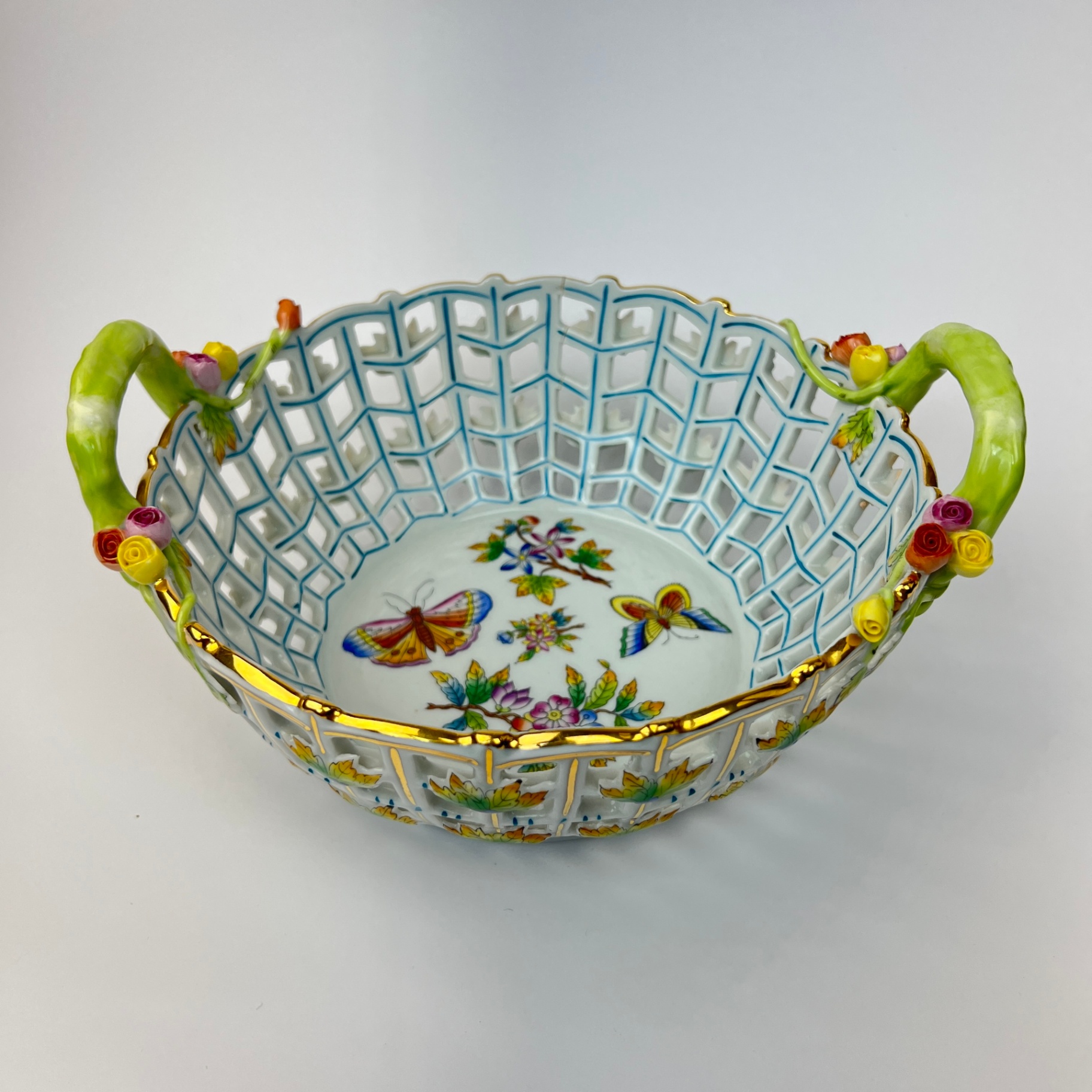 Herend Hungary Bowl Floral Basket Roses Butterflies AS IS - image 2 of 9