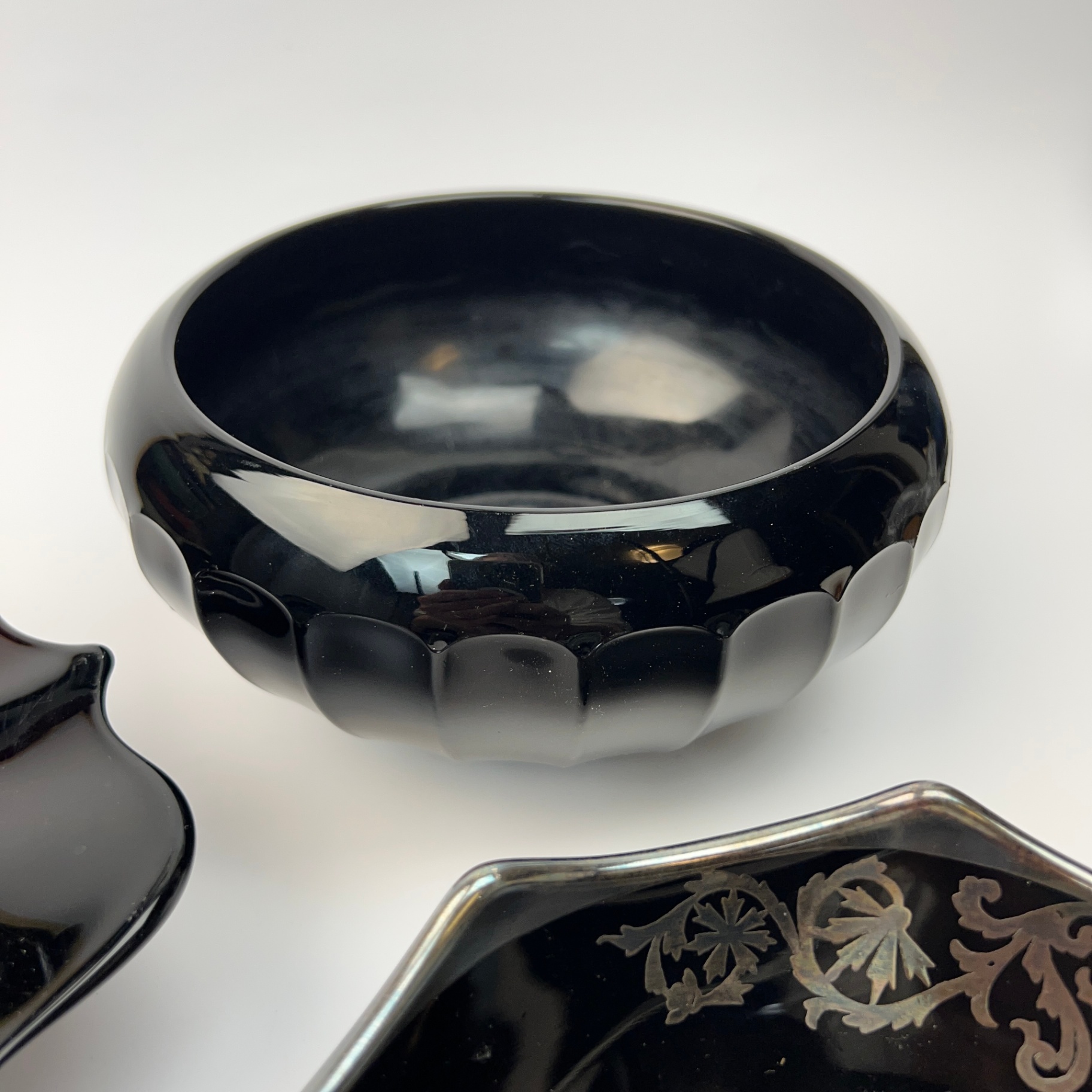 Vintage Black Glass Trio Silver Overlay Footed Bowl Pedestal - image 5 of 8