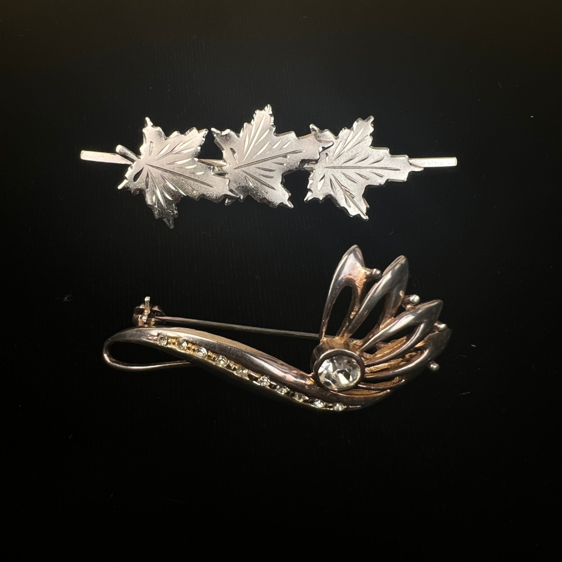 2 Sterling Silver Brooches Maple Leaf and Floral Rhinestone Design - image 1 of 5