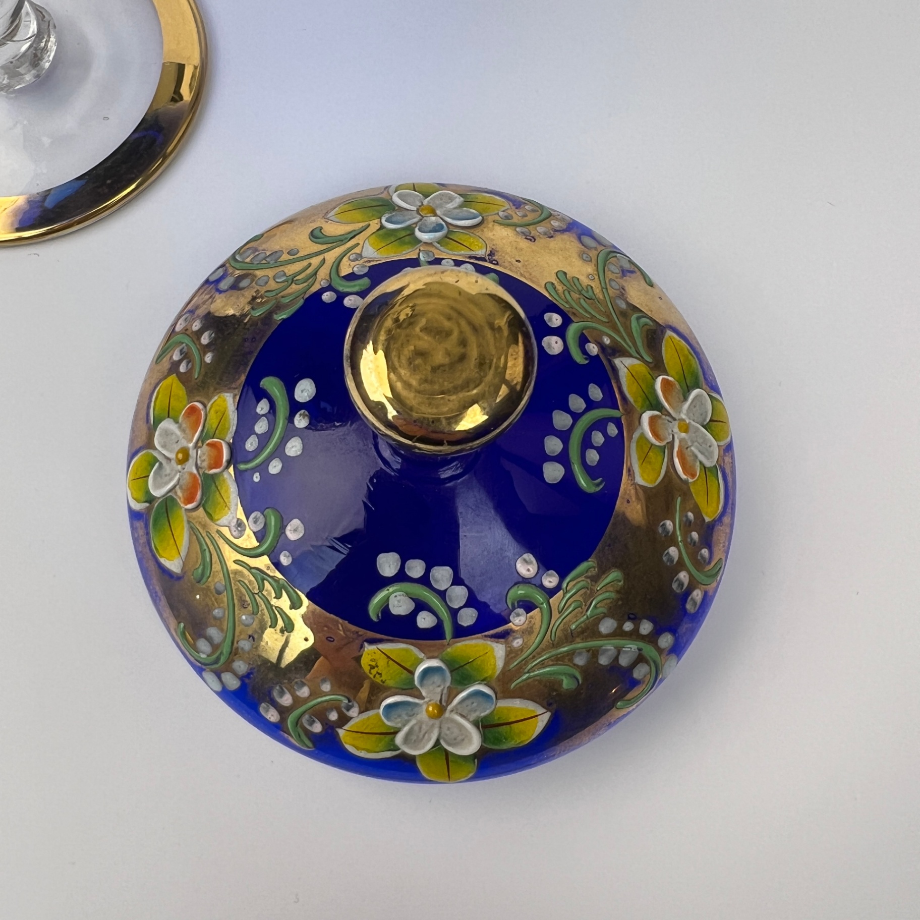 Bohemian Glass Hand Painted Covered Pedestal Jar Vintage - image 7 of 9