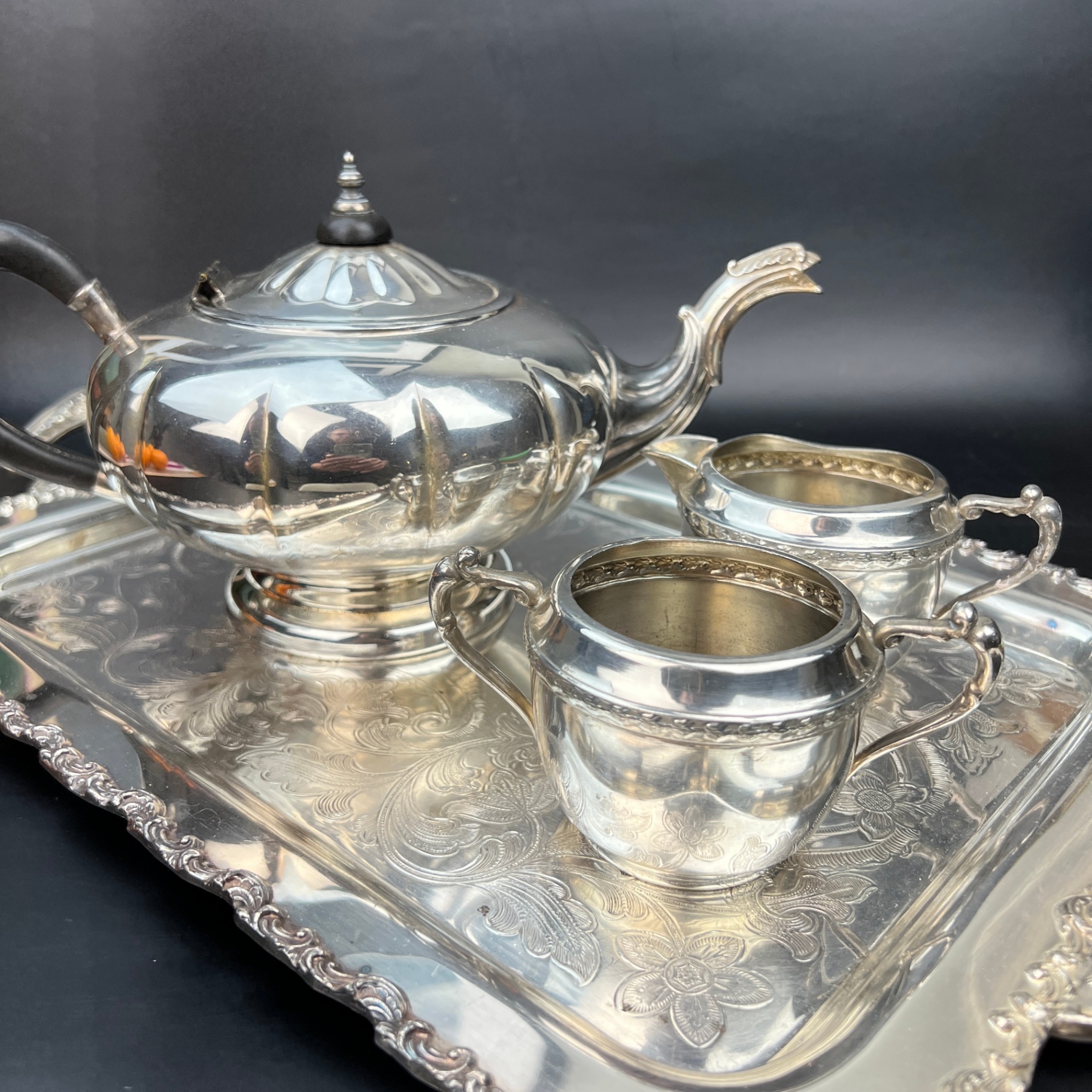 Silver Plate Mixed Tea Set Various Makers Tray Teapot Cream Sugar - image 1 of 7