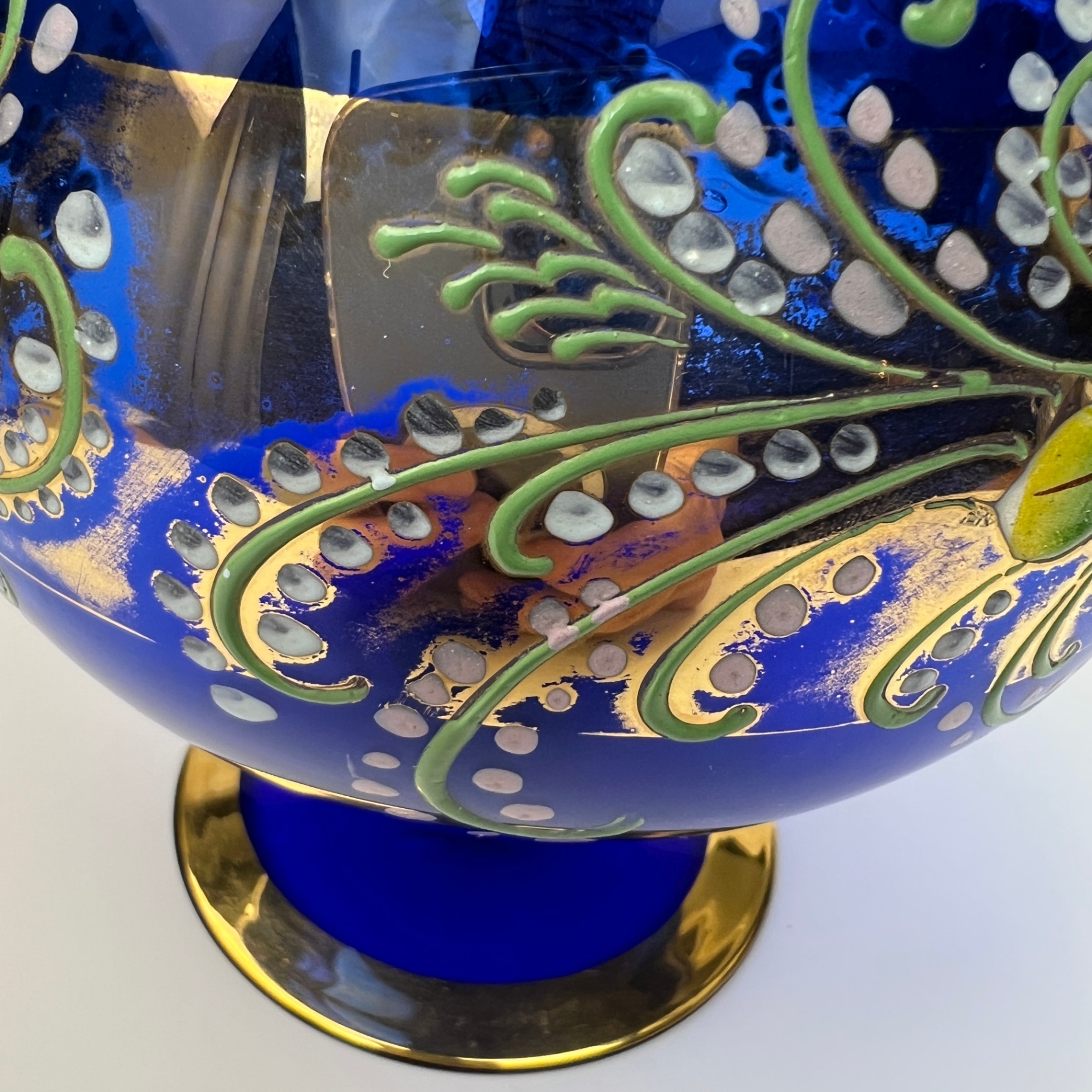 Bohemian Glass Cobalt Blue Hand Painted Czech Footed Bowl Gilt Trim - image 4 of 7