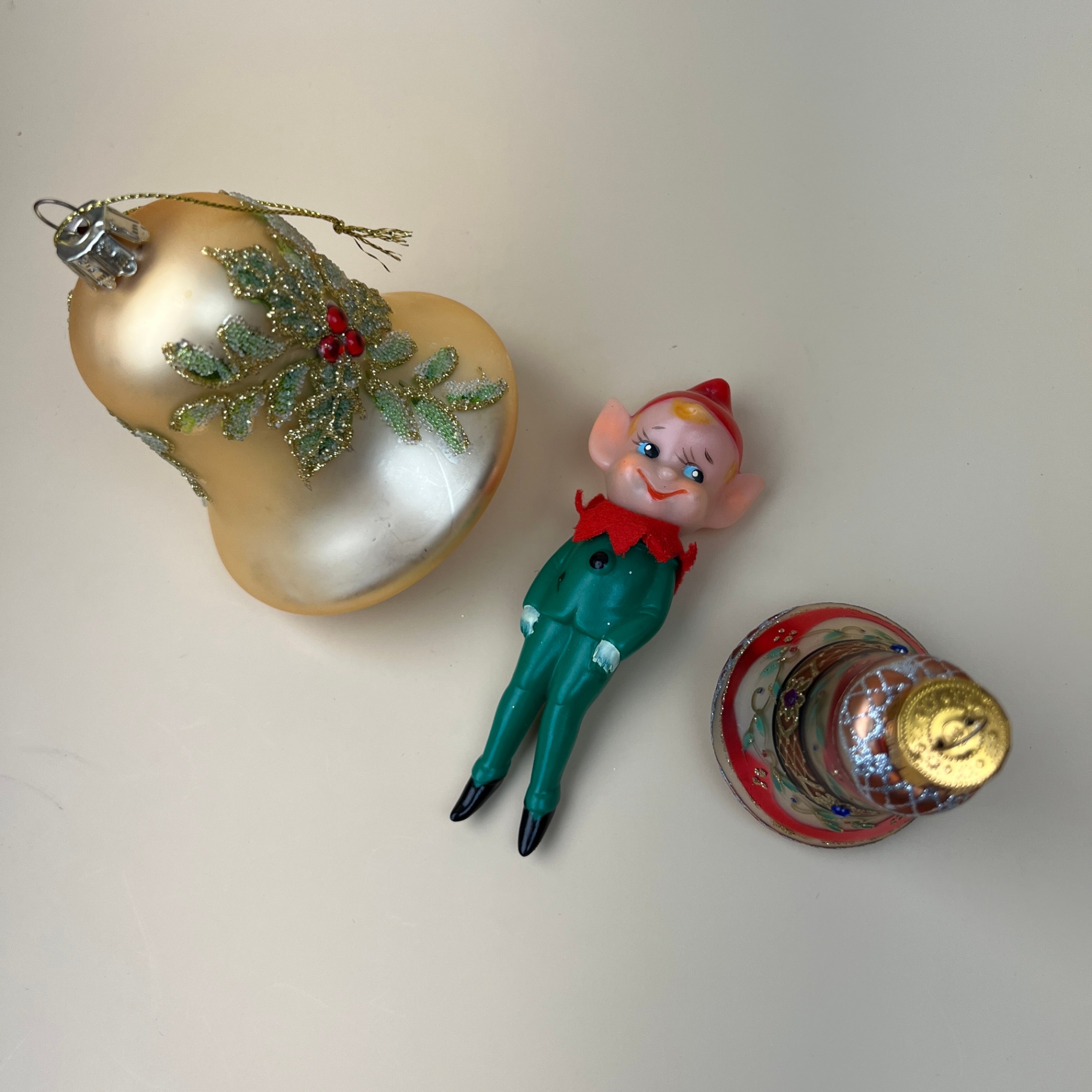 Vintage Christmas Lot Glass Bells and Rubber Pixie Elf Japan - image 1 of 8