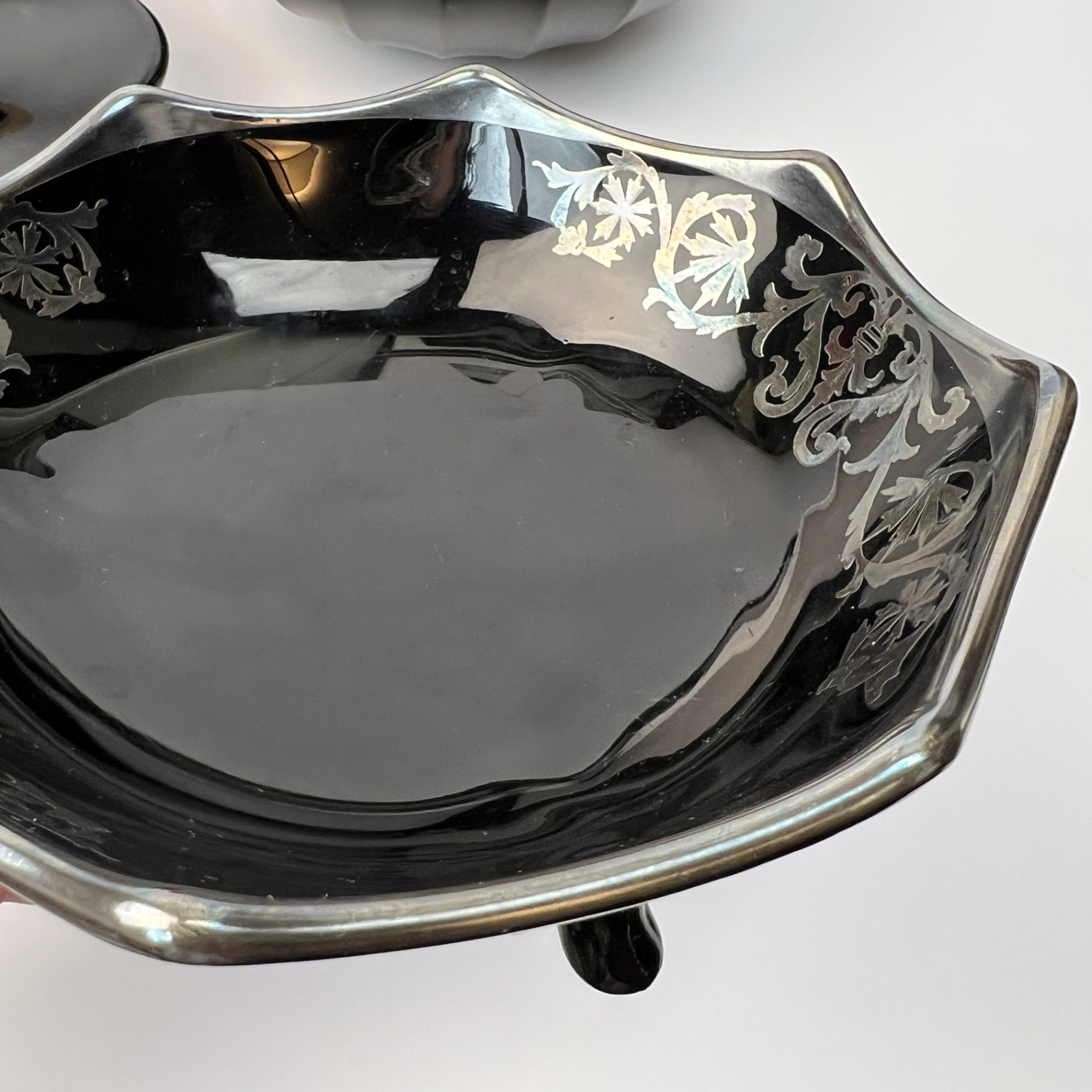 Vintage Black Glass Trio Silver Overlay Footed Bowl Pedestal - image 2 of 8