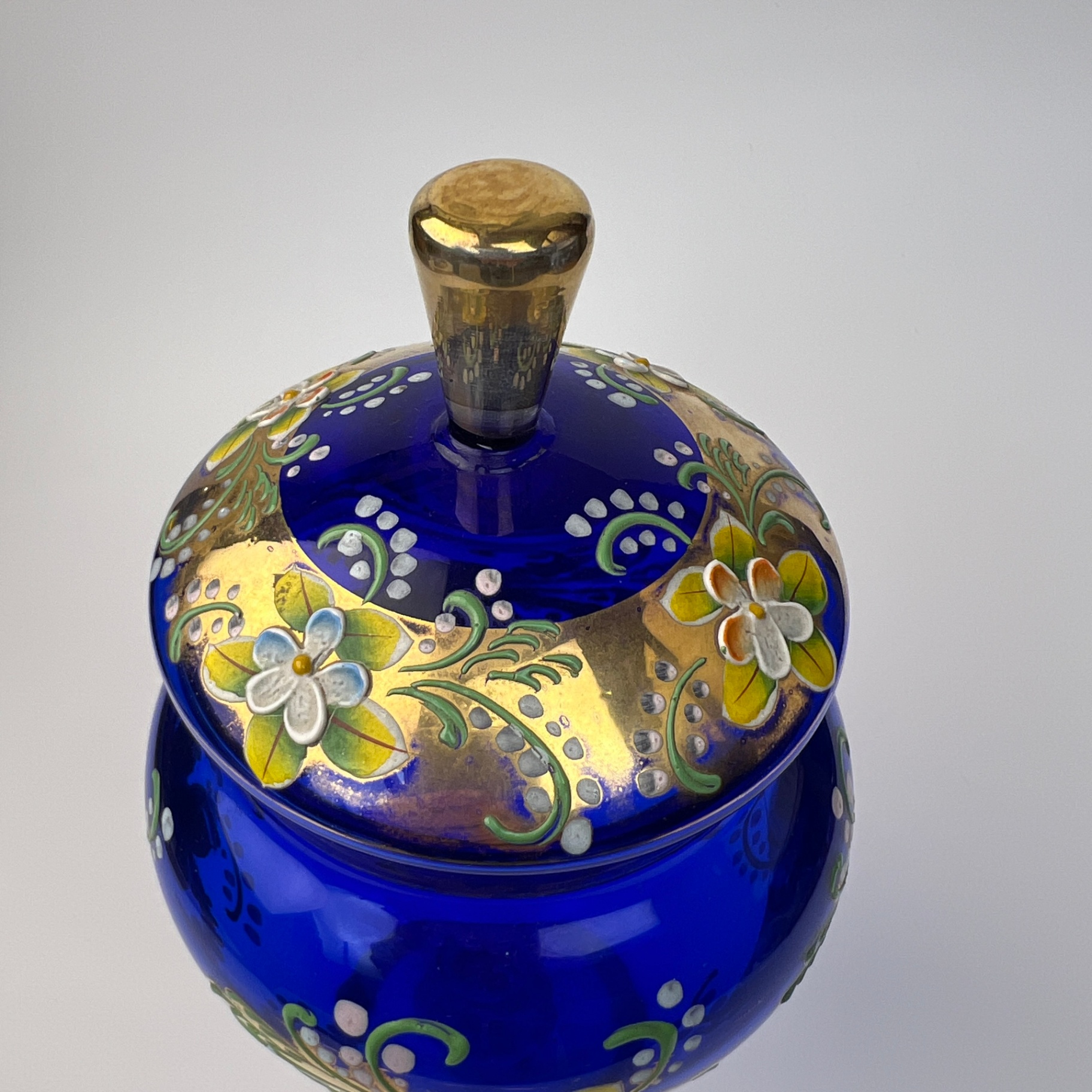 Bohemian Glass Hand Painted Covered Pedestal Jar Vintage - image 8 of 9