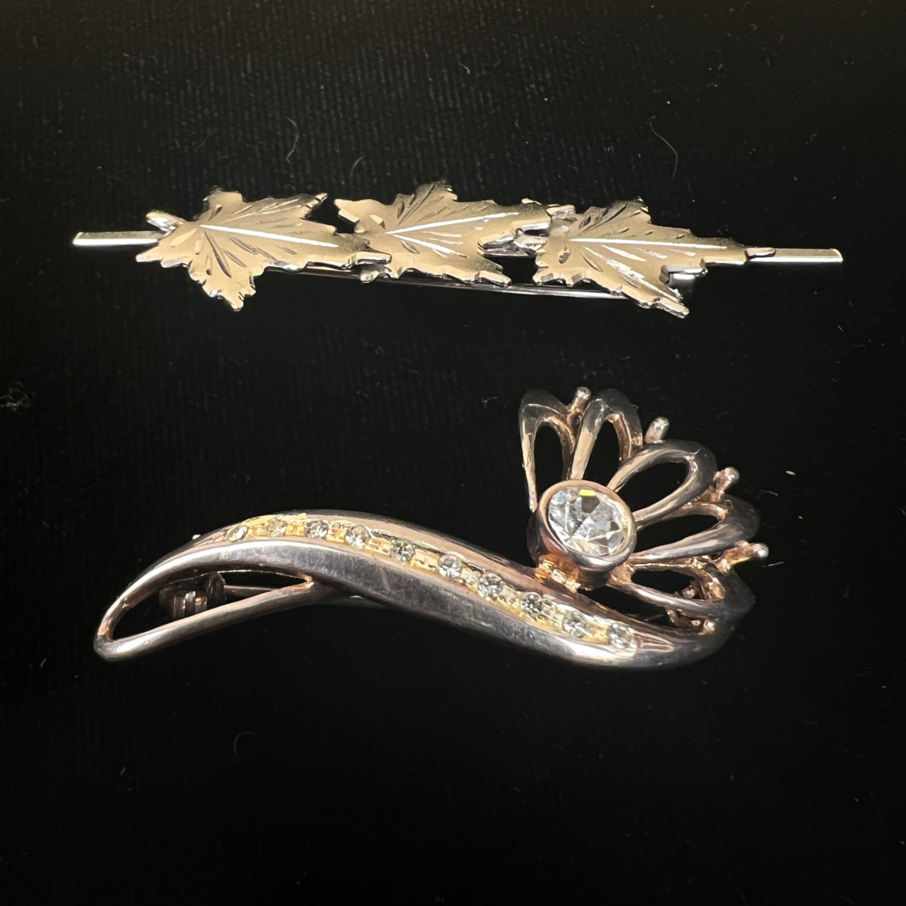 2 Sterling Silver Brooches Maple Leaf and Floral Rhinestone Design - image 2 of 5