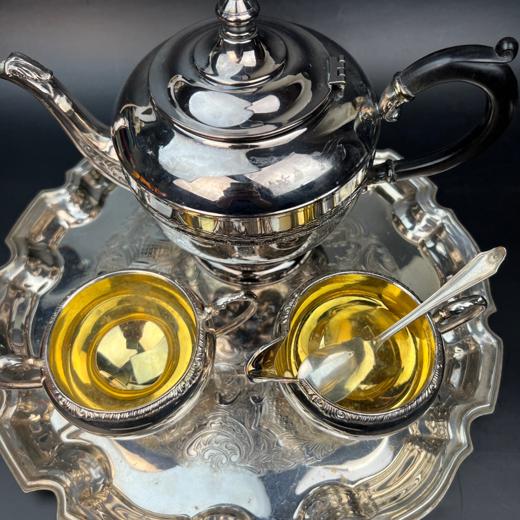 All Canadian Silver Plate Teapot, Tray, Cream and Sugar - image 2 of 9