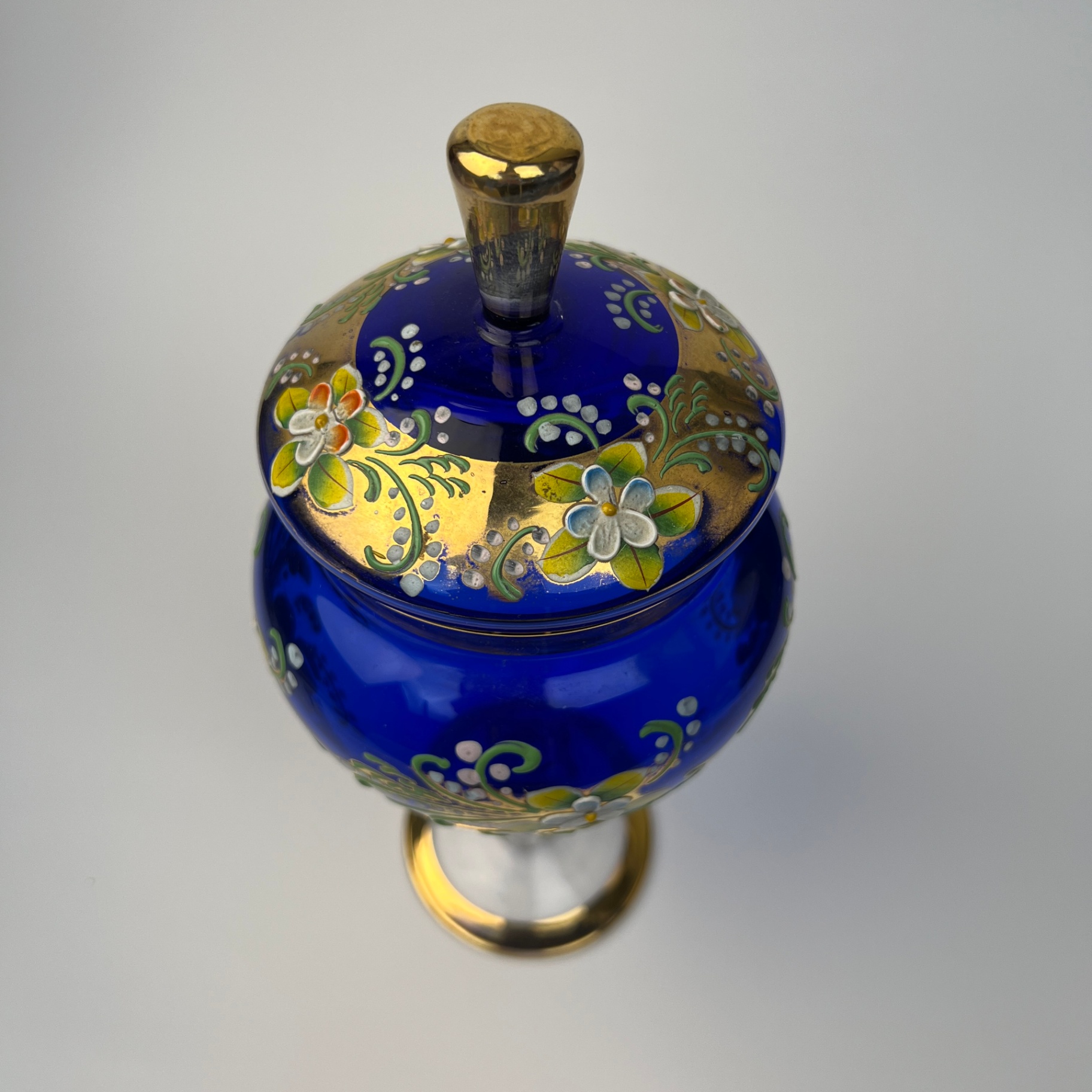Bohemian Glass Hand Painted Covered Pedestal Jar Vintage - image 2 of 9