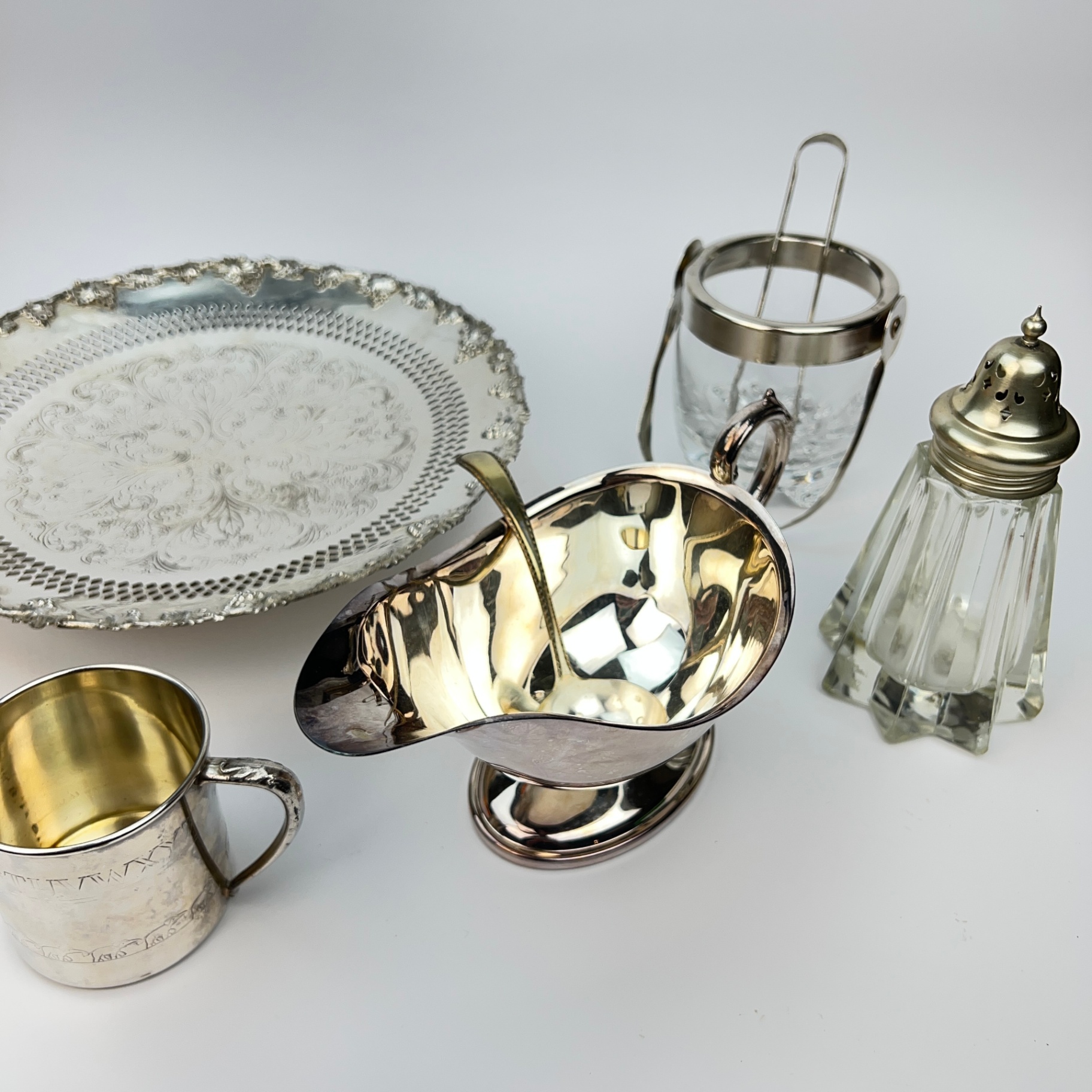 More Silver Plated and Glass Serving Items Gravy Boat Sugar Shaker Footed Plate  - image 1 of 6