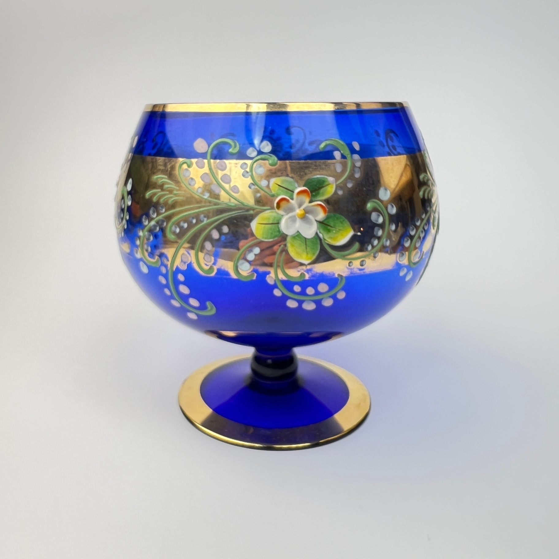 Bohemian Glass Cobalt Blue Hand Painted Czech Footed Bowl Gilt Trim - image 1 of 7