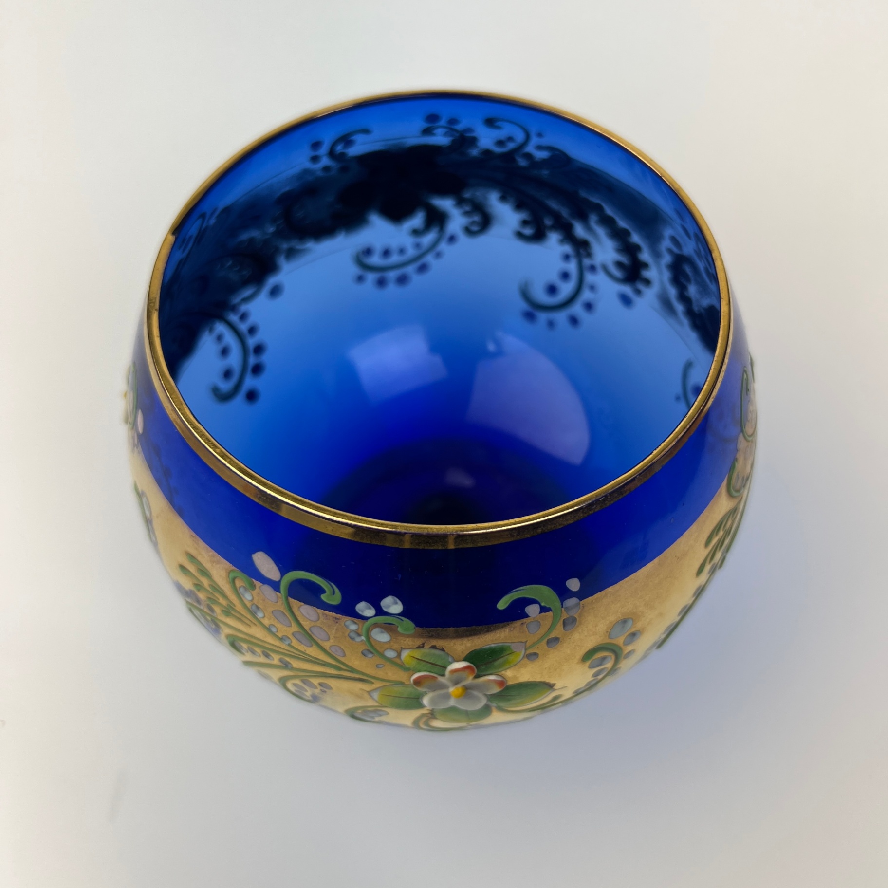Bohemian Glass Cobalt Blue Hand Painted Czech Footed Bowl Gilt Trim - image 2 of 7