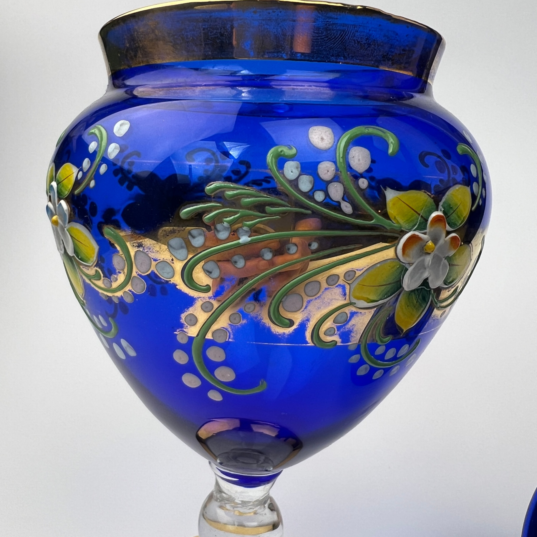 Bohemian Glass Hand Painted Covered Pedestal Jar Vintage - image 6 of 9