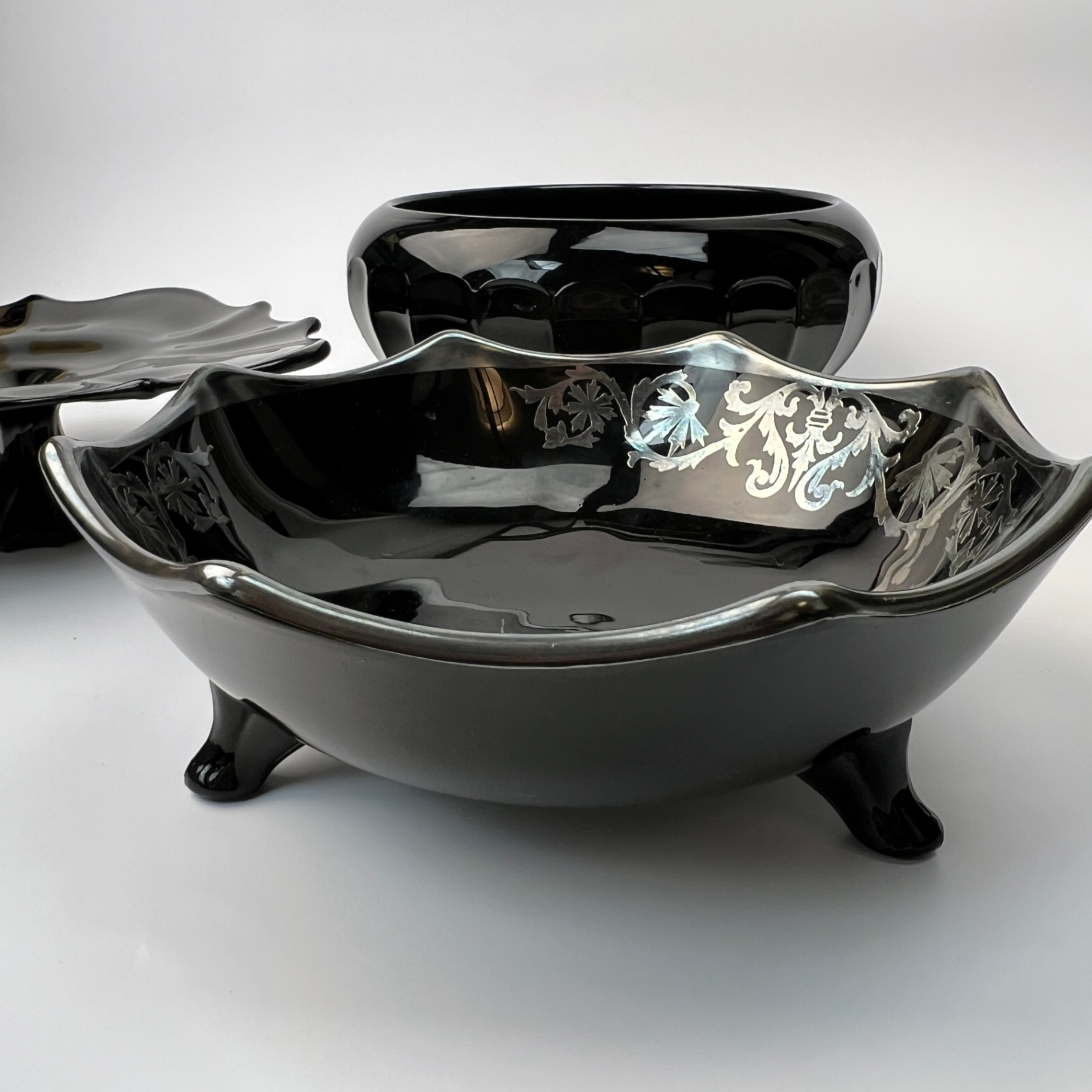 Vintage Black Glass Trio Silver Overlay Footed Bowl Pedestal - image 3 of 8