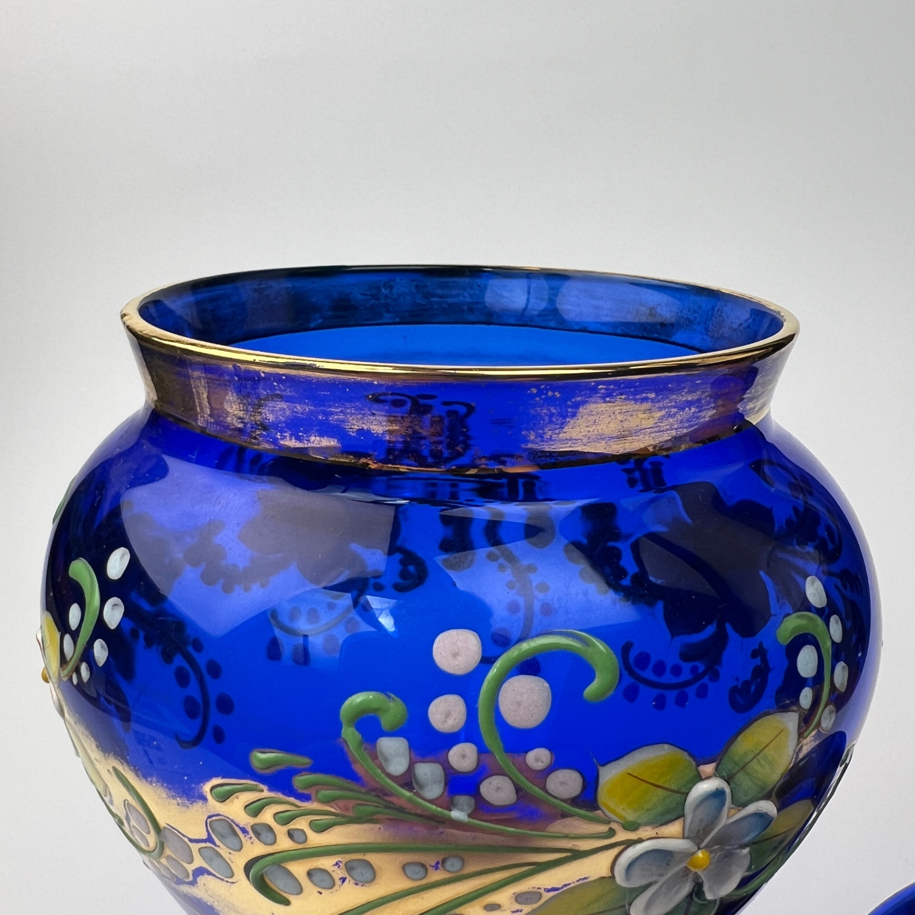 Bohemian Glass Hand Painted Covered Pedestal Jar Vintage - image 5 of 9