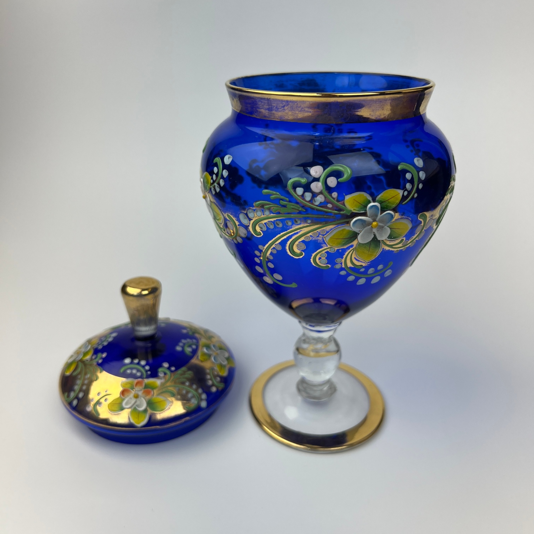 Bohemian Glass Hand Painted Covered Pedestal Jar Vintage - image 3 of 9